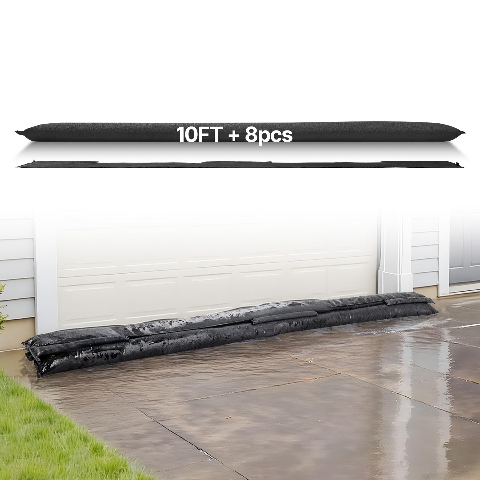 VEVOR Barrière Anti-​inondation Activée par l'Eau, Sacs d'Inondation Lot de 8PCs 305x21 cm, Barrière Absorbante l'Eau, Dispositif de Protection pour Porte, Sous-​sol, Garage