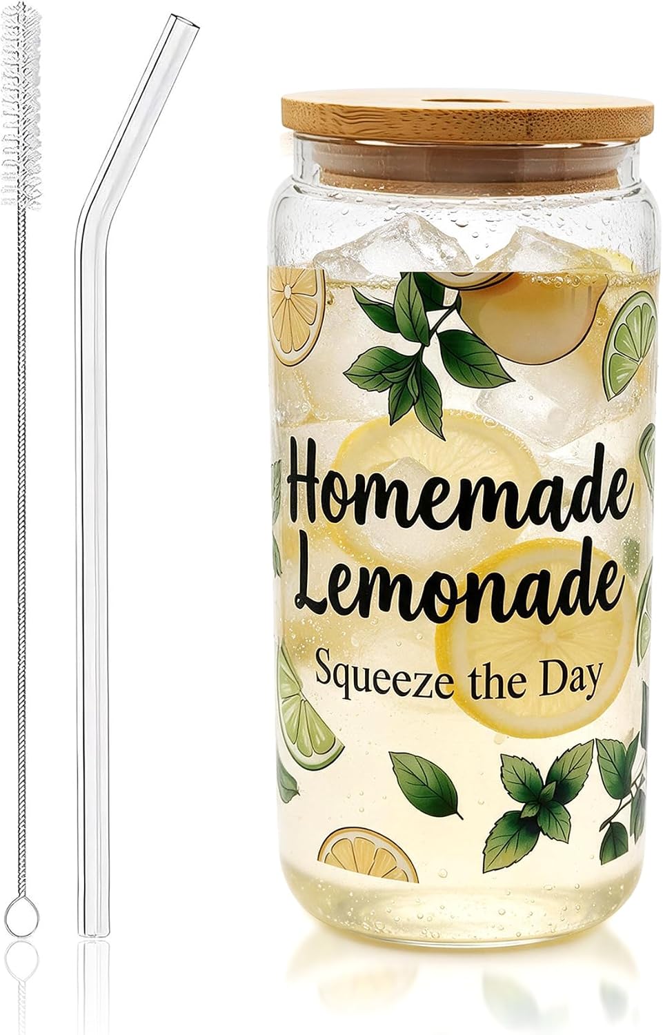 Homemade Lemonade Lemon Glass Cup 18oz Lid Straw, Summer Gift for Women