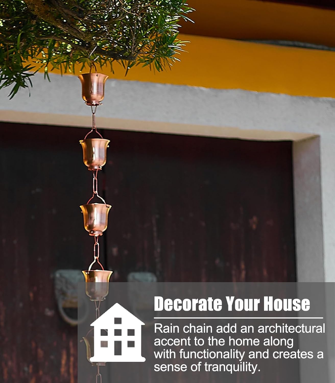 Rain Chain Tea Cup Copper Rain Catcher with 5 Cups/m, Adjustable Divert Water Rain Drain Chains, Hanging Decoration Rain Chains for Rain Gutter (Size : 1 m (3.2ft))