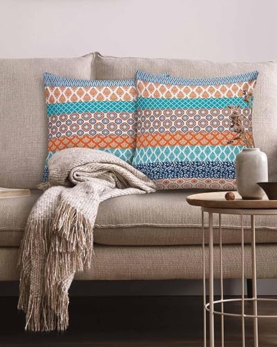 Miniatura 10 de Paquete de 2 fundas de almohada decorativas de algodón, bohemio, naranja, verde azulado, turquesa, rayas geométricas, 12 x 20 pulgadas, rectangular,