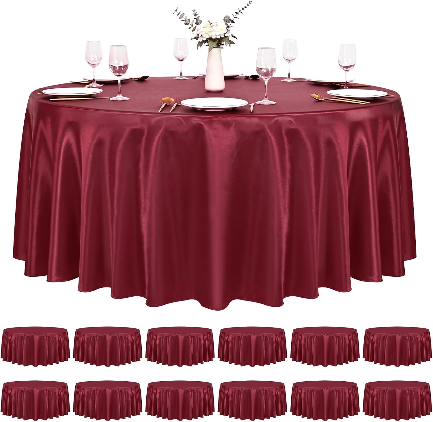 Pesonlook 12 Pack Burgundy Round Tablecloth, 108 Inch Satin Fabric Tablecloth for Round Table, Wrinkle Resistant Washable TableCover Bright Silk TableClothes for Wedding Party Dining Table Banquet