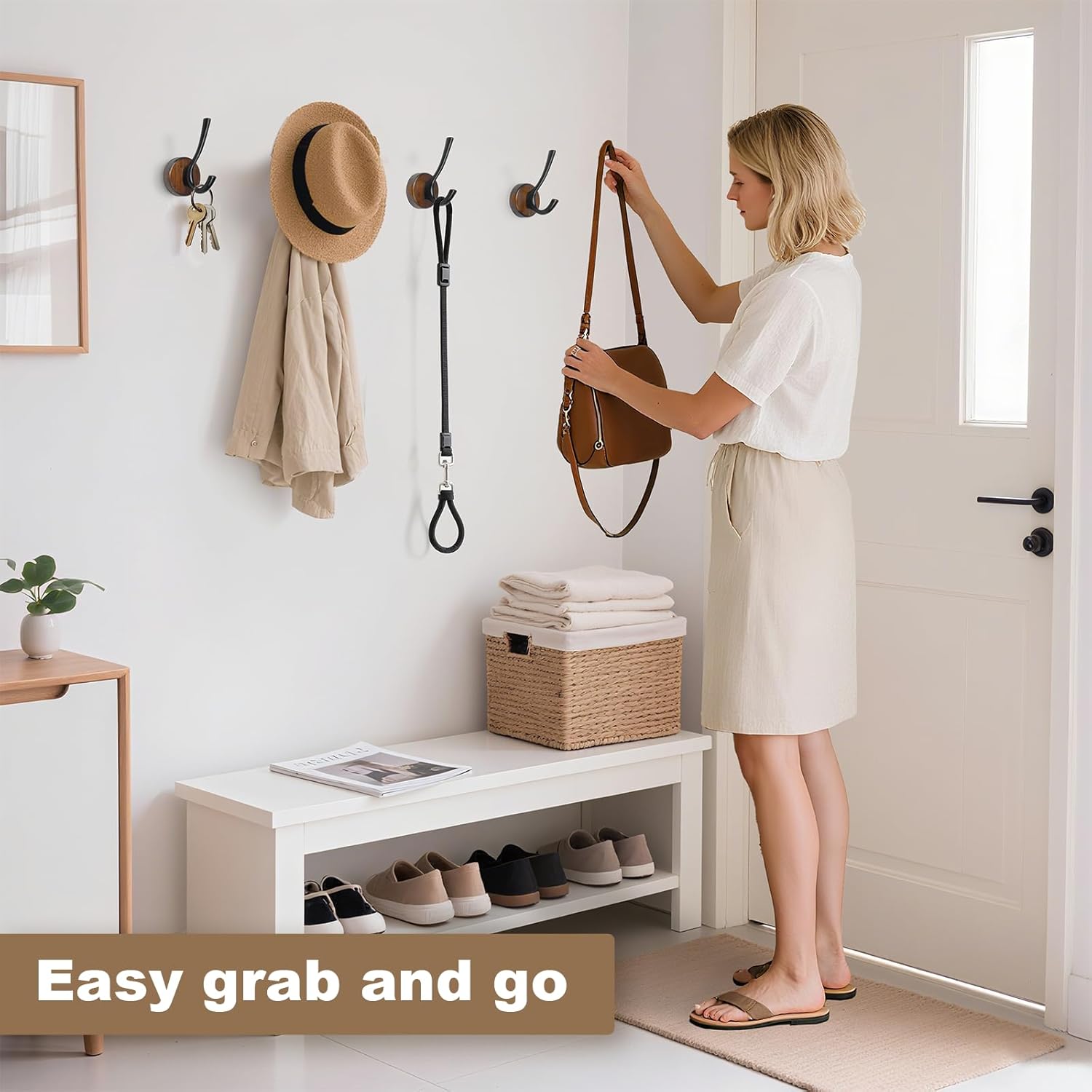 kuaima Coat Hooks Wall Mount, Round Walnut Wood Wall Hanger with Metal Double Hooks, Towel Robe Hooks Heavy Duty, Small, 4 Pcs - Image 3