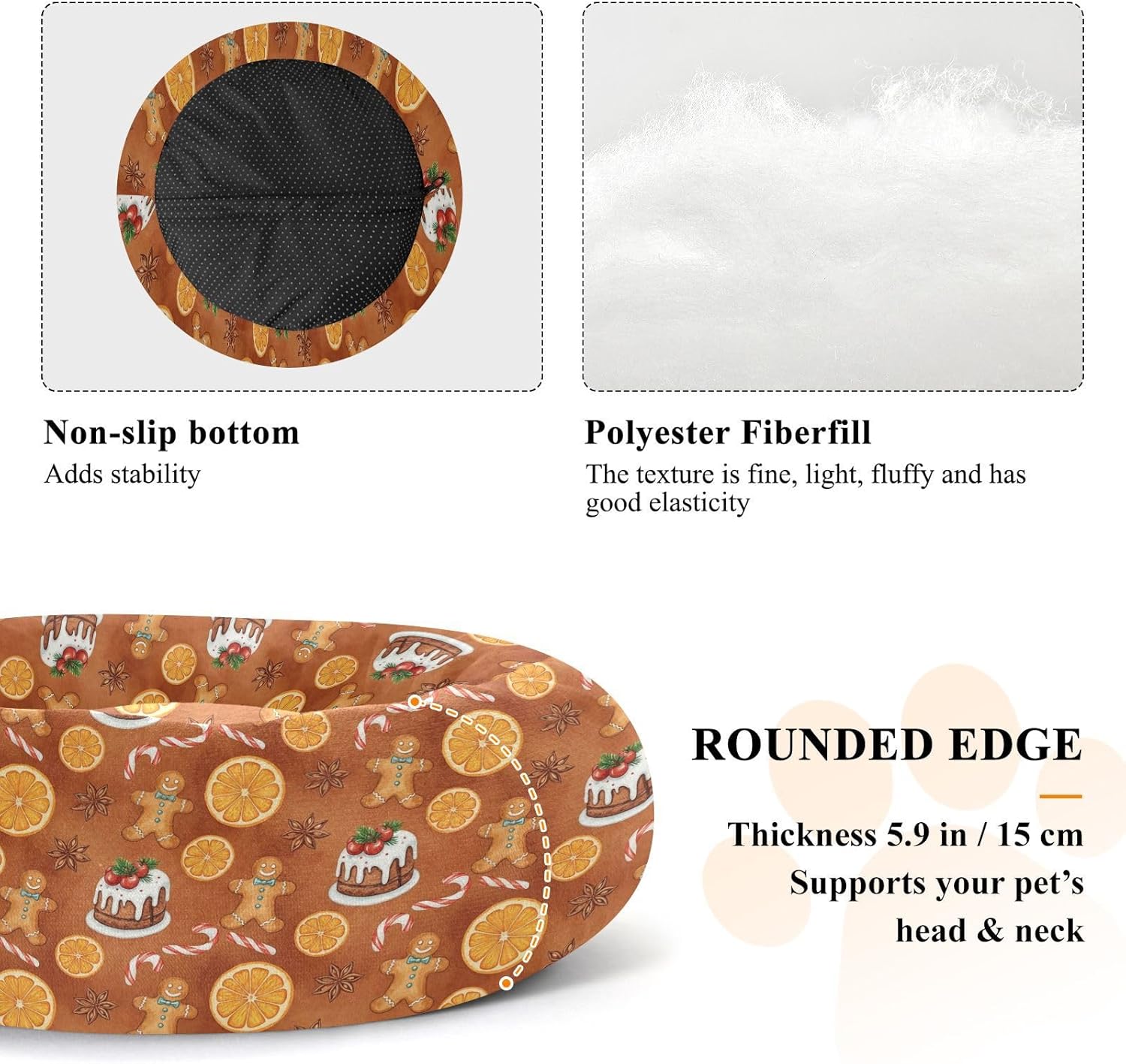 Christmas Gingerbread Cake Pattern Dog Bed Round Donut Washable Puppy Cat Bed Small Pet Medium Dog Beds Mat for Small Medium Dogs Cats,M