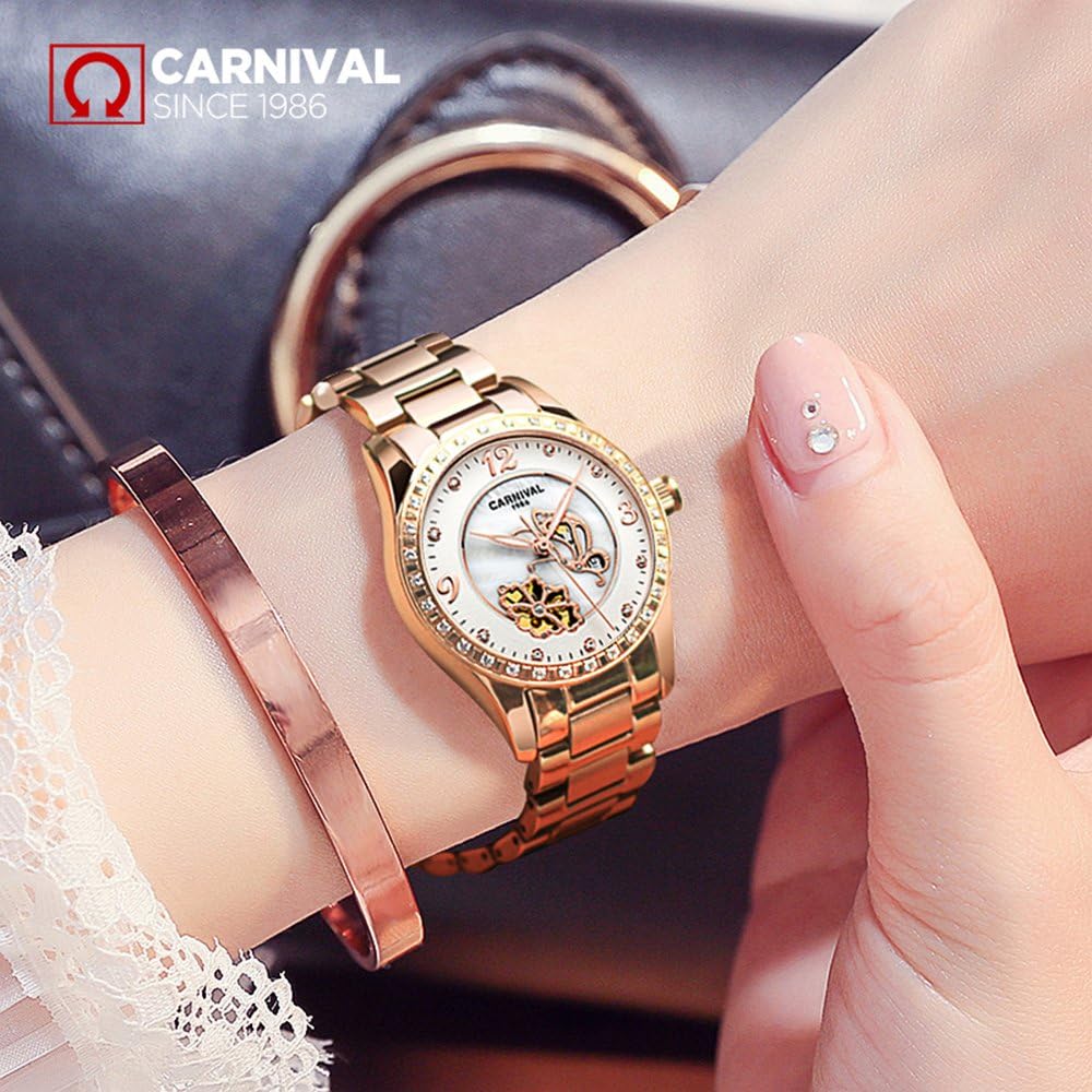 Gosasa Luxury Women's Automatic Automatic Mechanical Watch Calendar Rose Gold Stainless Steel Watch