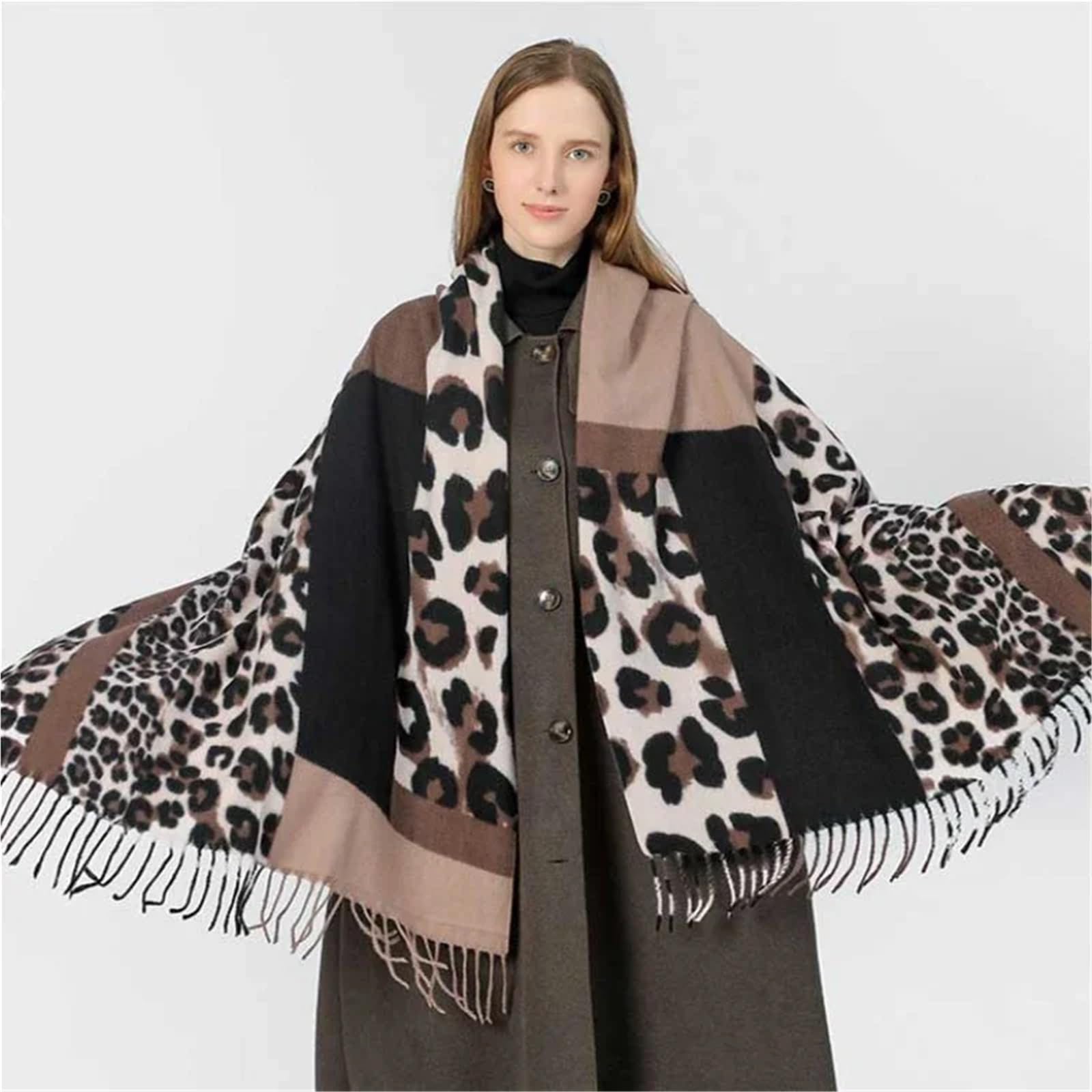 Sciarpa invernale da donna con stampa leopardata, scialle lungo addensato caldo con frange, avvolgente alla moda di lusso 70 * 200 cm(Blue)