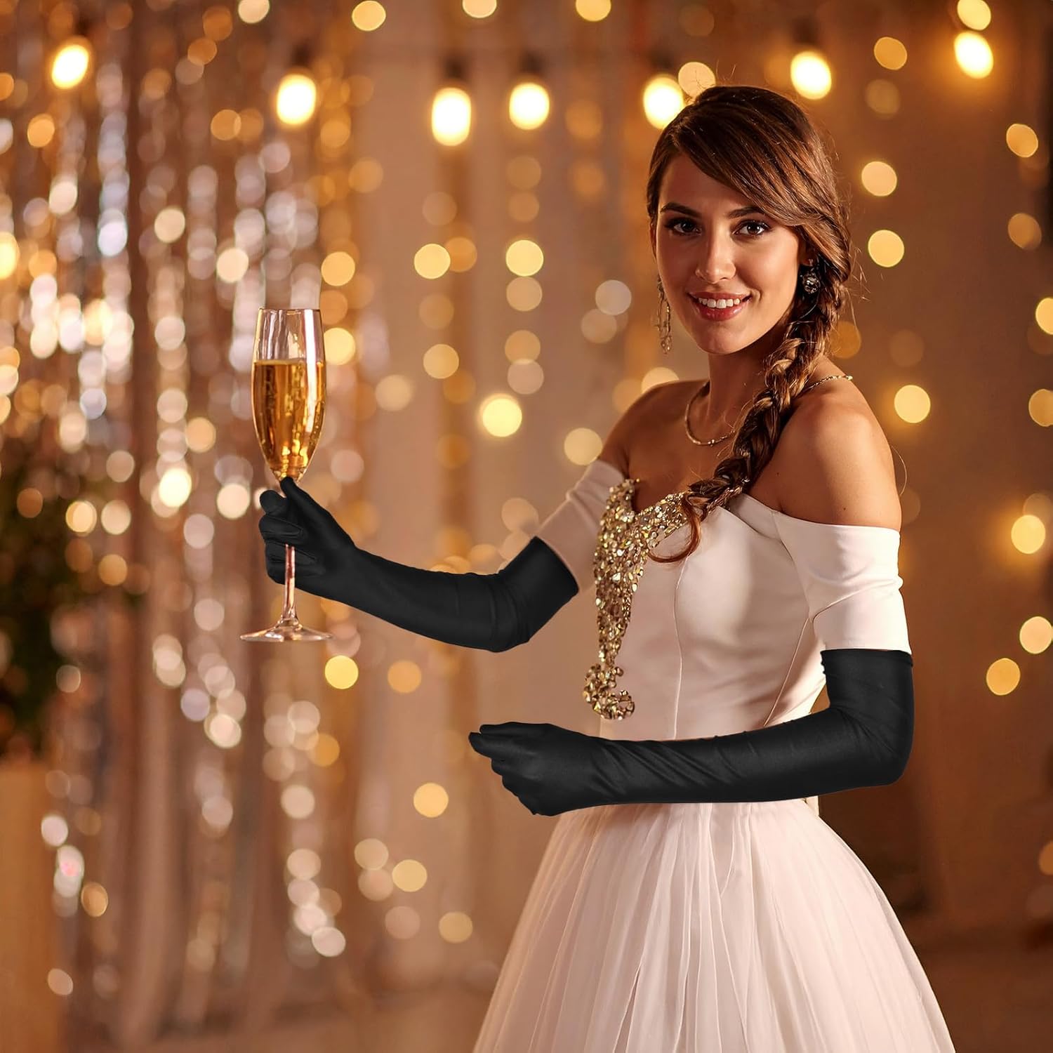 12 Pairs Long Satin Gloves for Women Bride Elbow Opera Costume Dress Stretchy Formal Glove - Image 4