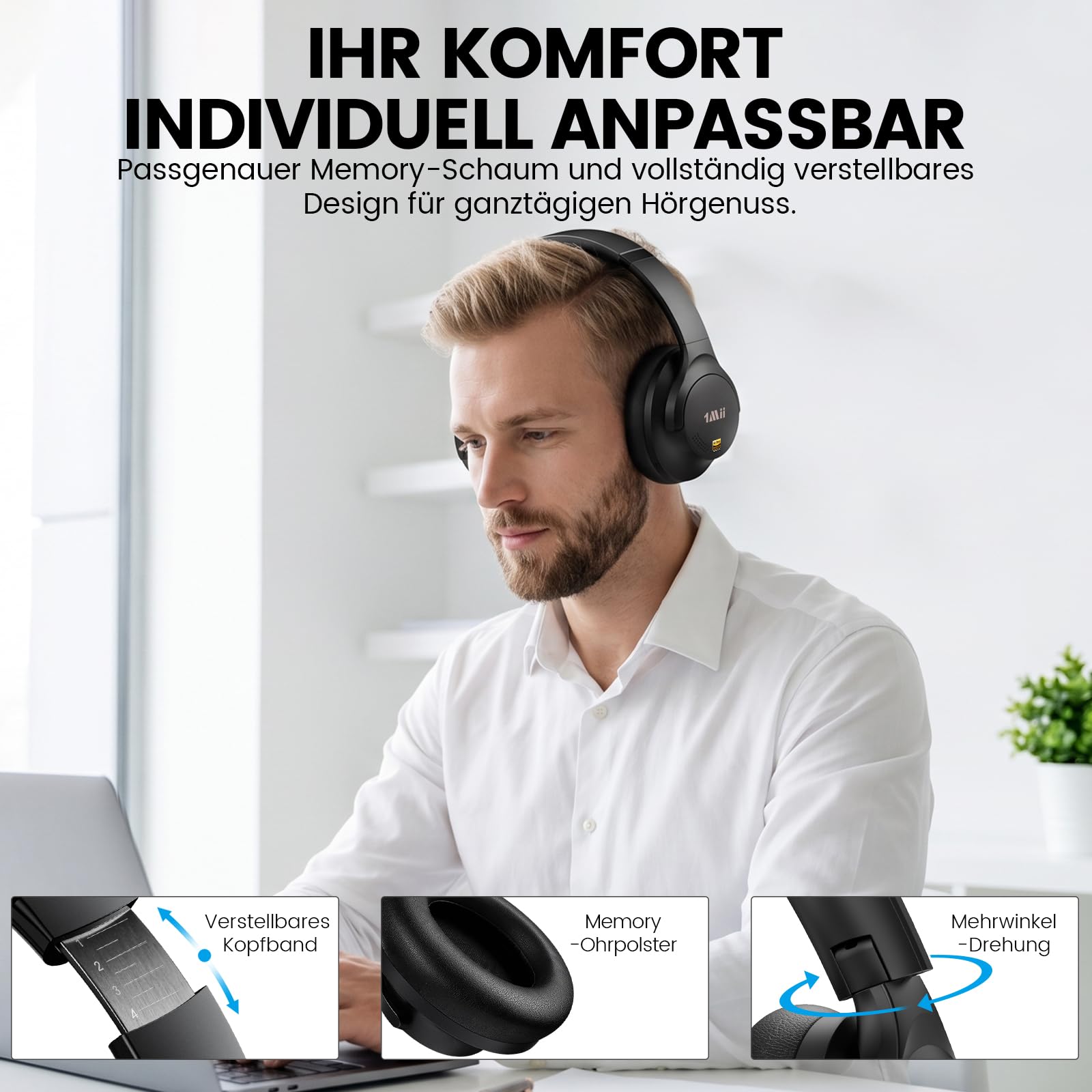1Mii Y8+ Hybrid Active Noise Cancelling Kopfhoerer Over-Ear Bluetooth 6.0 Kopfhörer Kabellos mit 100h Spielzeit, Faltbar Bequemer, LDAC Hi-Res Audio, EQ via App, für Reisen und Flugzeug, Schwarz | Hybrid ANC, 100h Spielzeit, komfortabel, LDAC Hi-Res Audio