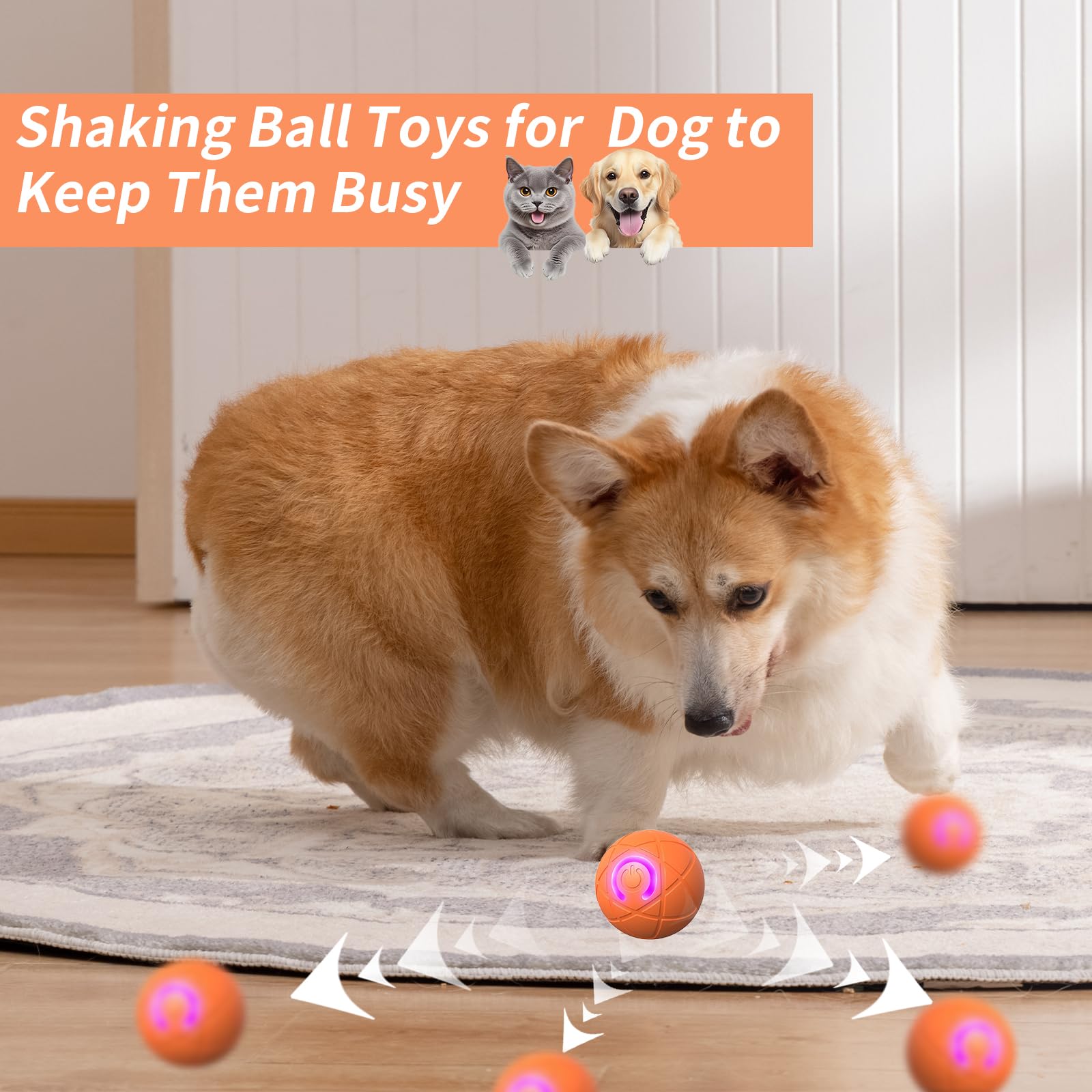 2 x Schüttelbälle für Hunde, vibrierende Bälle für Hunde, Hüpfball für kleine, mittelgroße und große Hunde, wiederaufladbare, interaktive Hundebälle, um sie zu beschäftigen (Orange + Blau)