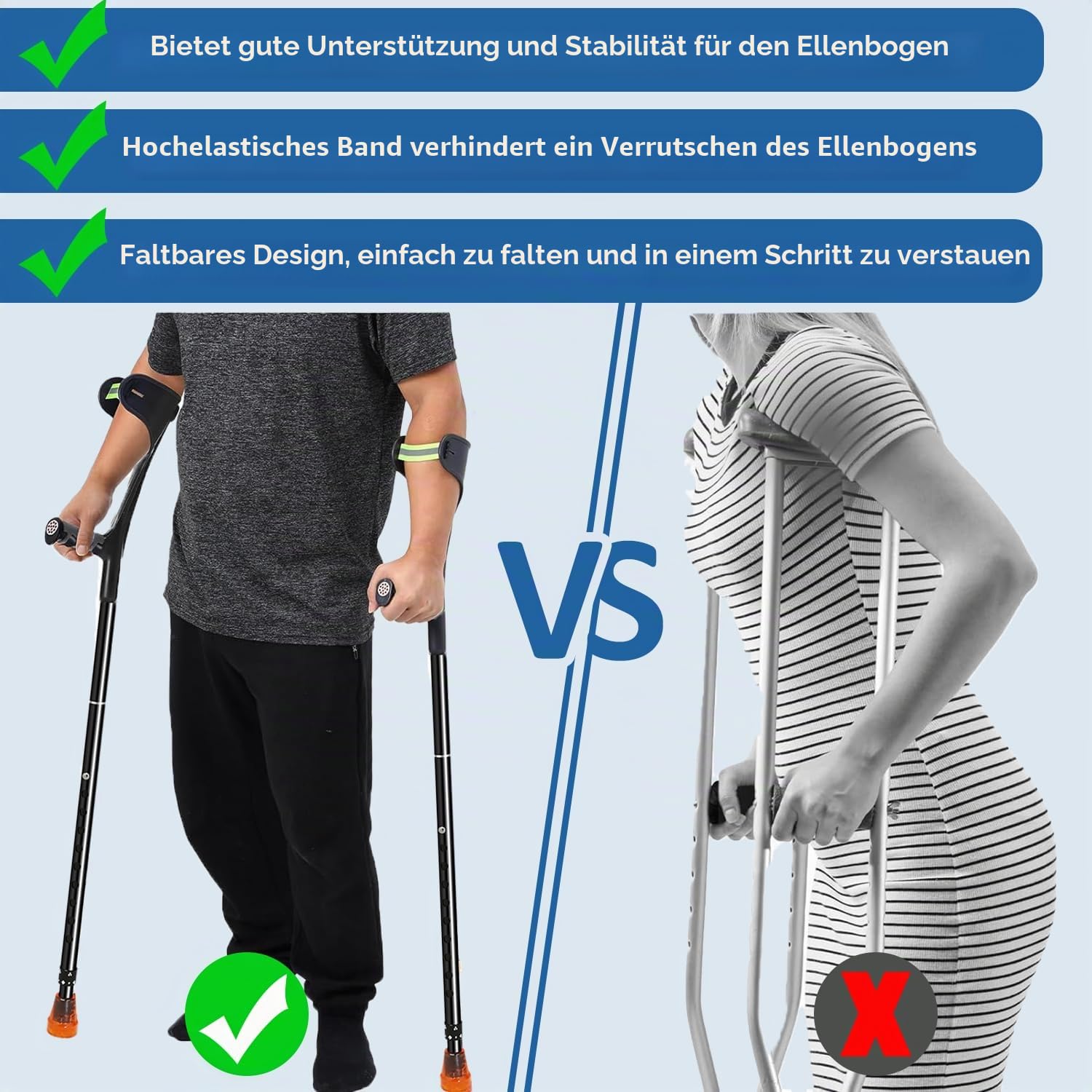 2 Stück Faltbar Krücken, Leichte Gehstützen, Schwarz Unterarmgehstützen, Höhenverstellbar Gehhilfe für Senioren und Erwachsene, ErgonomischemGriff, Rutschfeste Basis