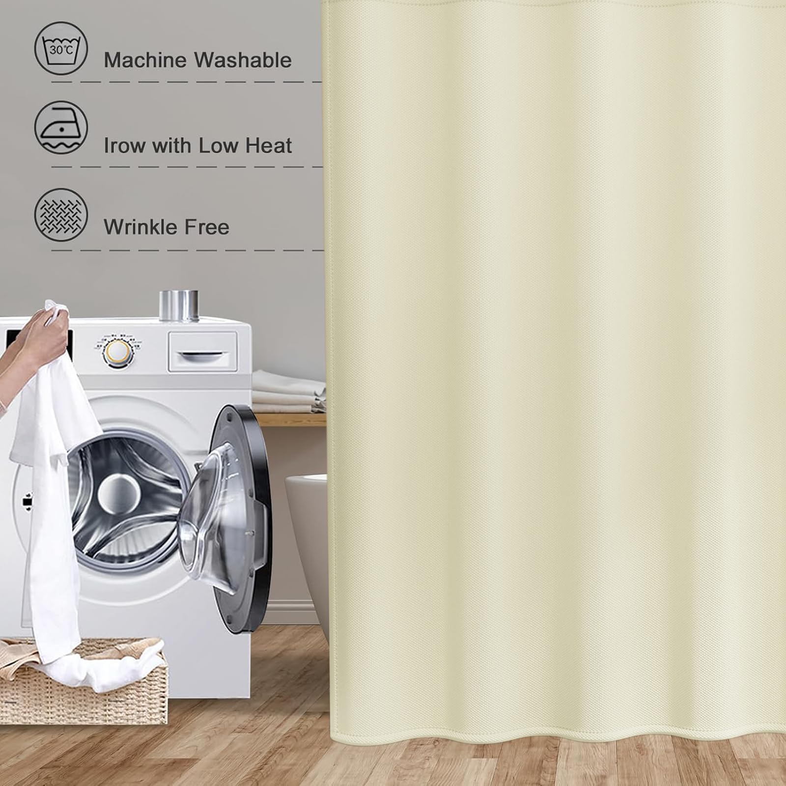 Rideau Douche 200 x 110 cm Rideau de Douche Court pour Salle de Bain Résistant à l'eau et à La Moisissure, Tissu Polyester Lavable en Machine, avec 12 Crochets, Couleur Crème