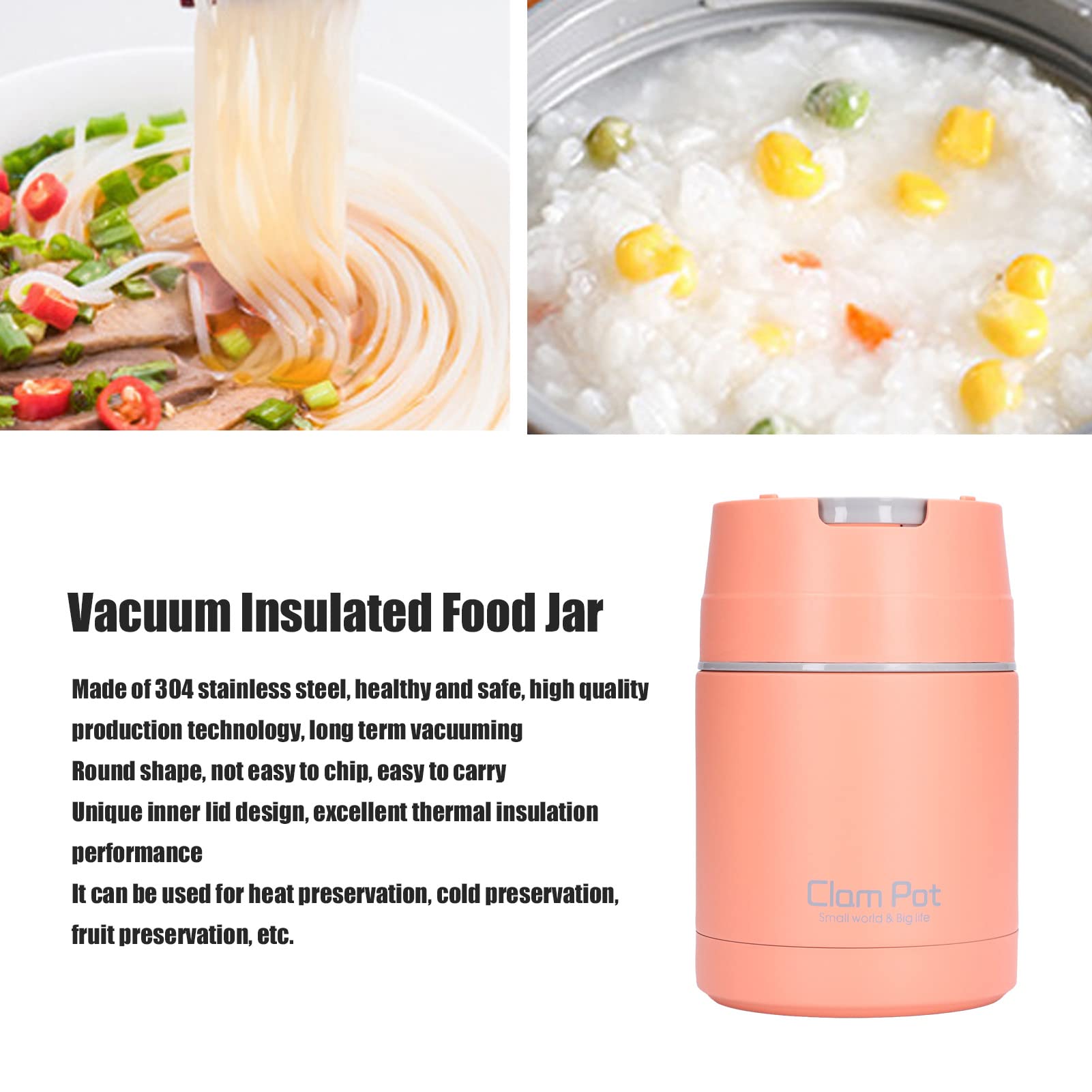 Thermos per Alimenti Caldi,Thermos in Acciaio Inox, 800 ml/27 oz Contenitore isotermico per Alimenti e Gelati, Maniglia di Trasporto Semplice, per Viaggi in Ufficio
