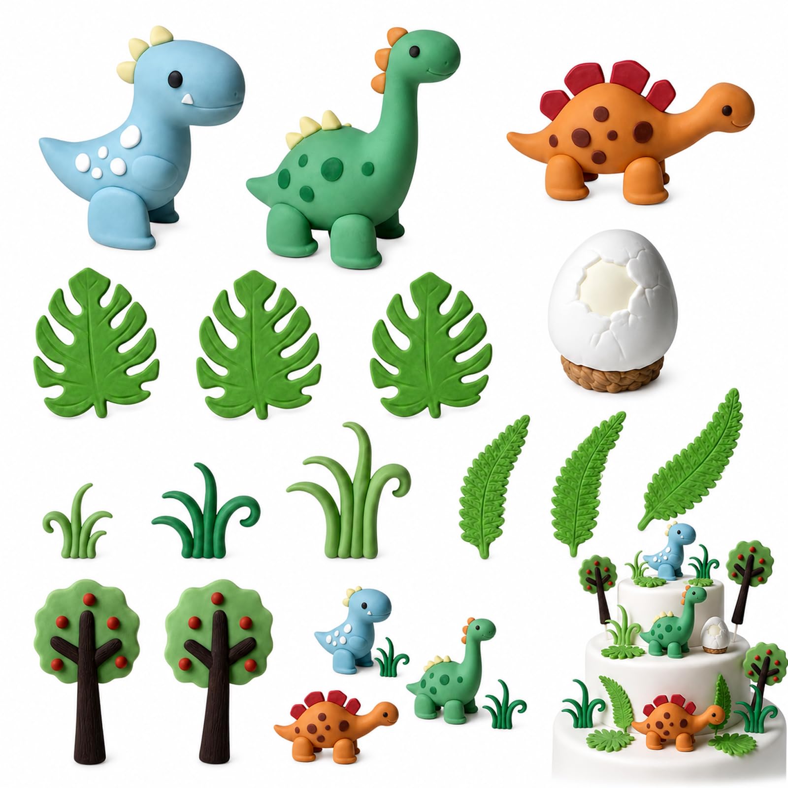 Dinosaur Cake Toppers, 16 Piece Green Prehistoric Decoration Set