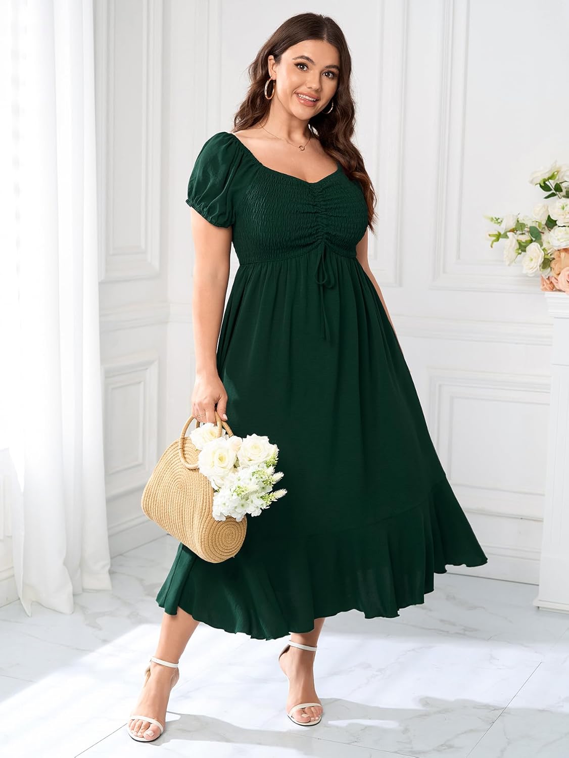 SCOMCHIC Womens Plus Size Summer Maxi Dress Ruched Front Square Neck Smocked Flowy A Line Formal Wedding Guest Dresses - Image 2