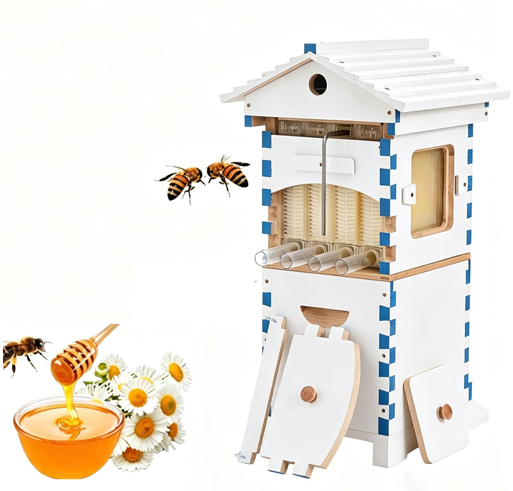 Aetherion Kit de iniciación de colmena, caja de abejas de madera autoflujo con 6 bandejas de panal, colmena de apicultura para principiantes con ventana de observación y boquilla de miel, marcos de