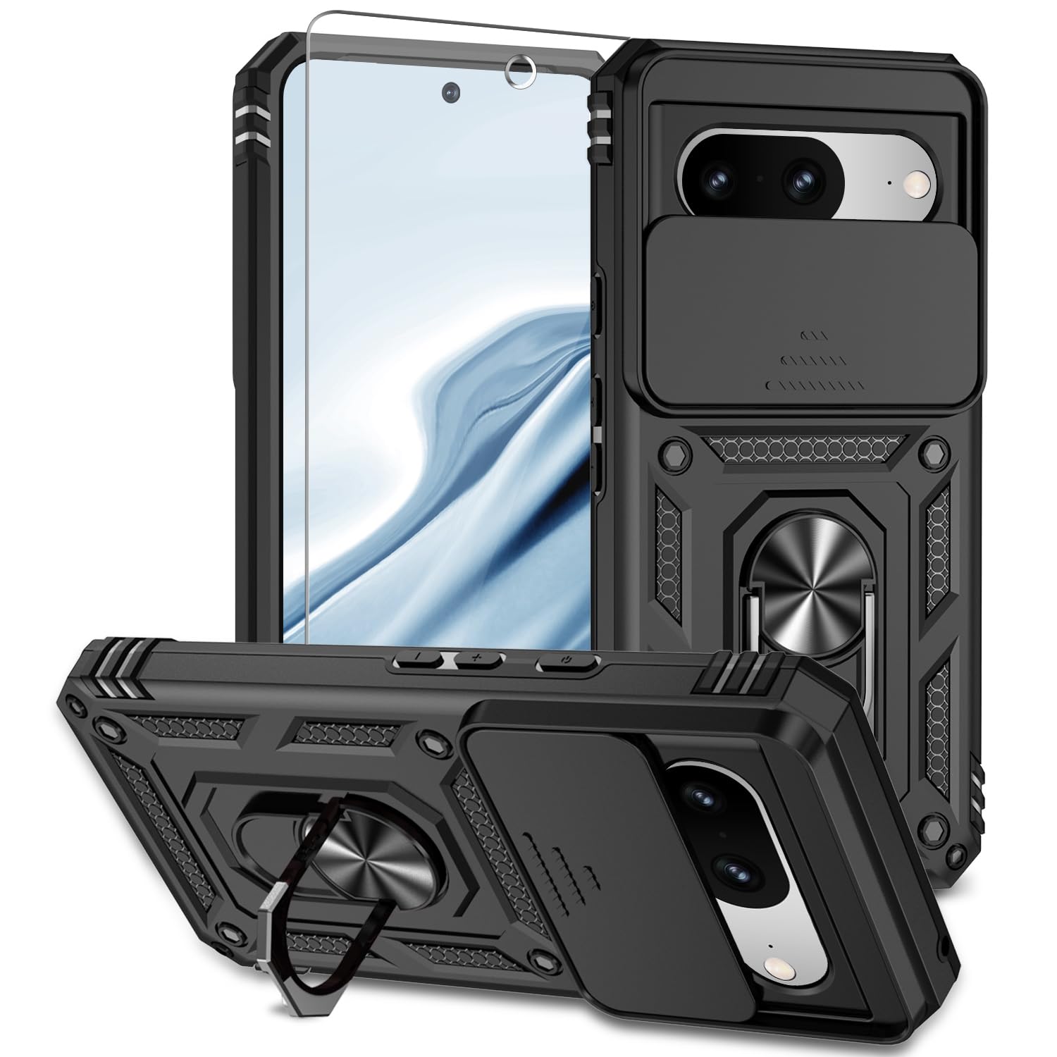 for Pixel 8 Case, with Screen Protectors and Camera Cover,[Military Grade] 16ft.Drop Tested Cover with Magnetic Kickstand Protective Case for Google Pixel 8, Black