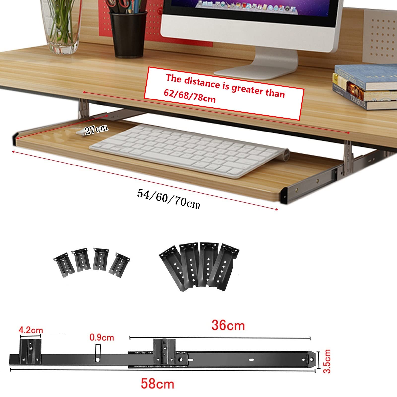 Bandeja de teclado ajustable para debajo del escritorio, estante deslizante para teclado, 54/60/70 x 27 cm, plataforma antideslizante, perfecta para escribir LAN, diseño de ahorro de espacio, fácil