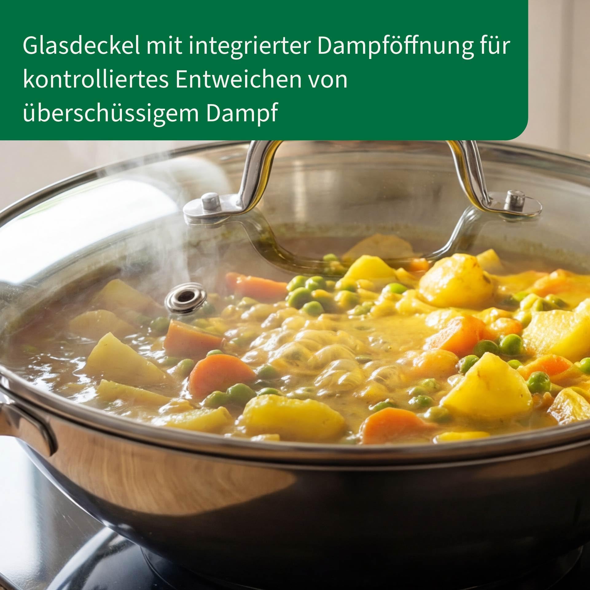 FACKELMANN Chefkoch trifft Wokpfanne Rosenheim – Ø30 cm, Glasdeckel inkl. Dampföffnung und Aluminiumkern, Aus Edelstahl mit hitzebeständigem Gussgriff, für alle Herdarten, Spülmaschinengeeignet