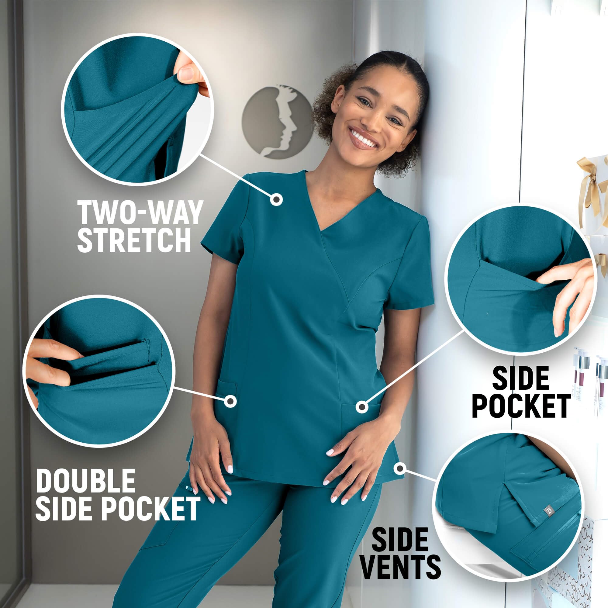Stenso Nobby Kasacks Damen Pflege - Tailliert, Stretch, V-Ausschnitt, Kurzarm Kasack Mit Seitenschlitzen Und DREI Taschen - Elastisches Material Kasaks Altenpflege Damen
