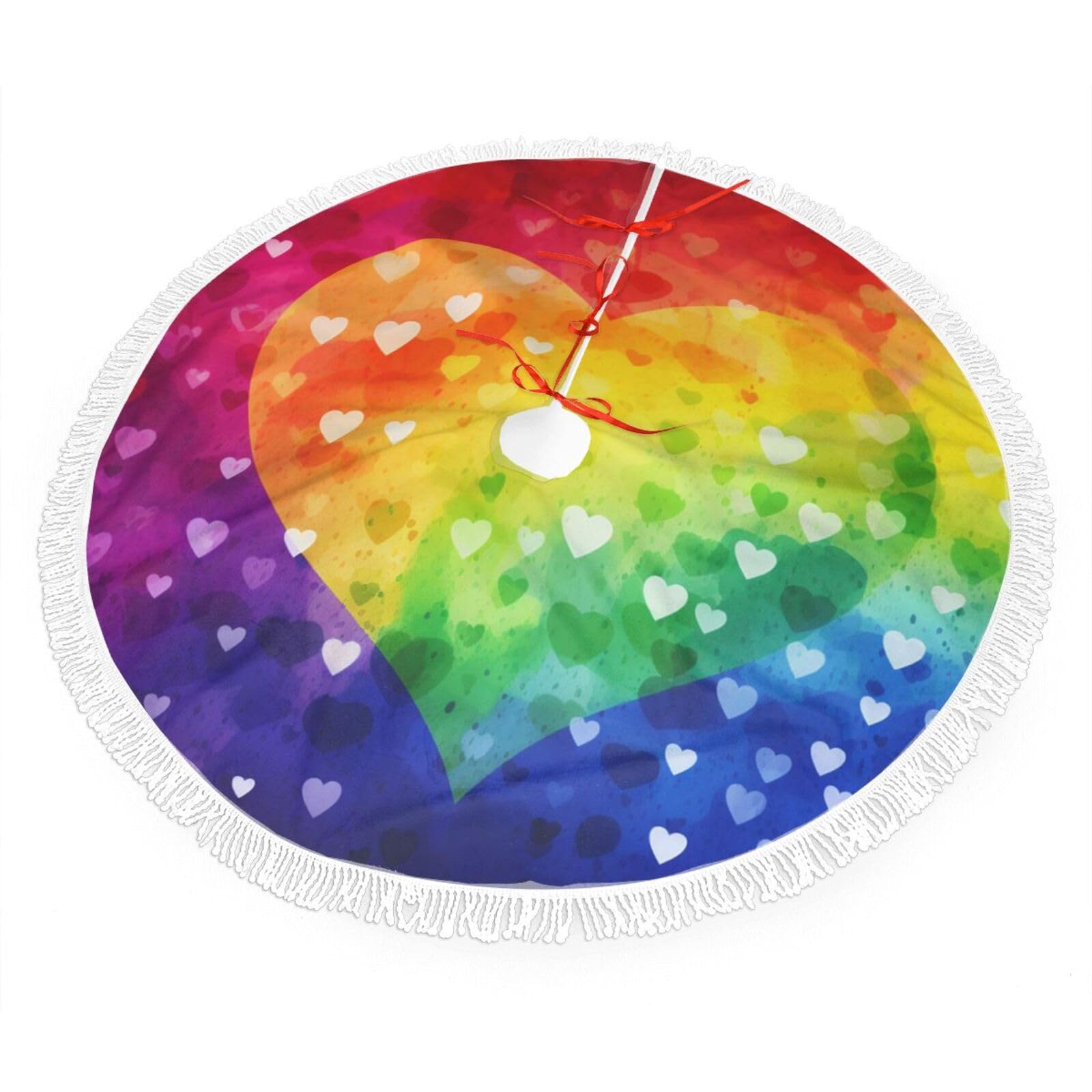 Colorful Rainbow Love Heart Christmas Tree Skirt 48", Soft Plush Xmas Tree Carpet with Tassel Christmas Ornaments Winter Holiday Tree Mat Decoration for Home Party Supplies