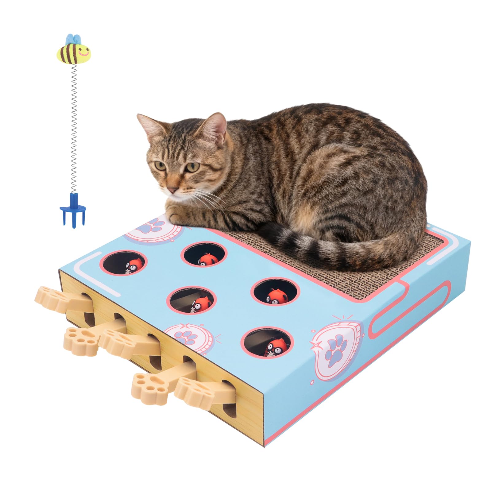 CheurYae Interactive Cat Toys,Corrugated Cardboard Cats Scratcher,3 in 1 Interactive Kitten Whack Mole Puzzle Pet Toy,Multi-Purpose Scratching Pad with Cat Teaser Wand (colorful)