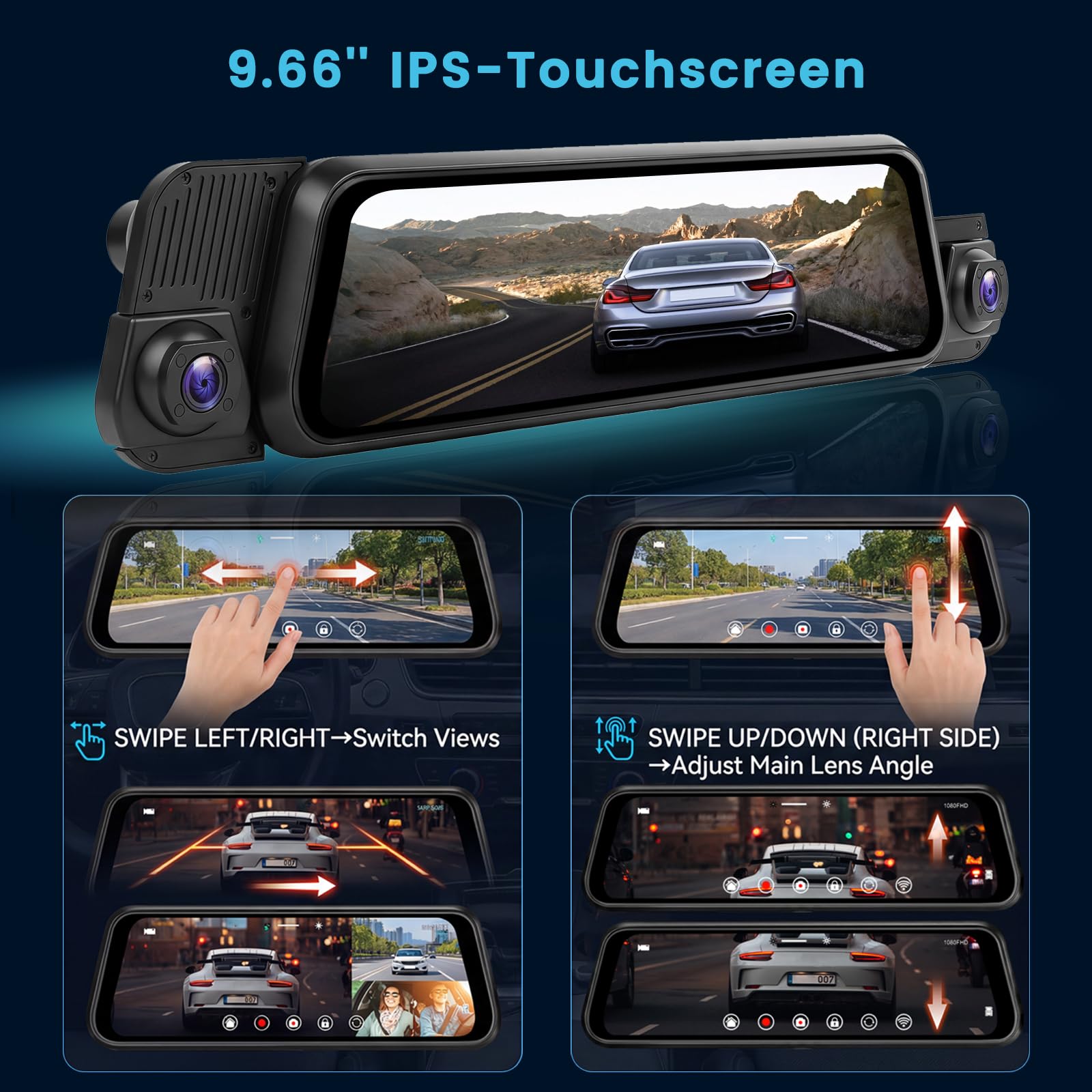 Inefala 4 Canali Telecamera Dashcam Auto Specchio Retrovisore con 9,66 Pollici Touchscreen,Dash Cam Auto con WiFi & App Sensore G Scheda SD 64G Grandangolo da 150° Visione Notturna Registrazione Loop