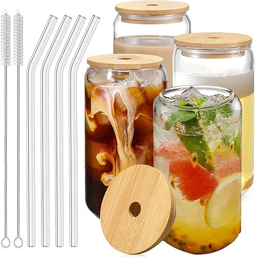 Sohapy Juego de 4 vasos para beber, vasos en forma de lata con tapas de bambú y popote de vidrio, vasos de cerveza de 16 onzas, vaso, tazas de vino
