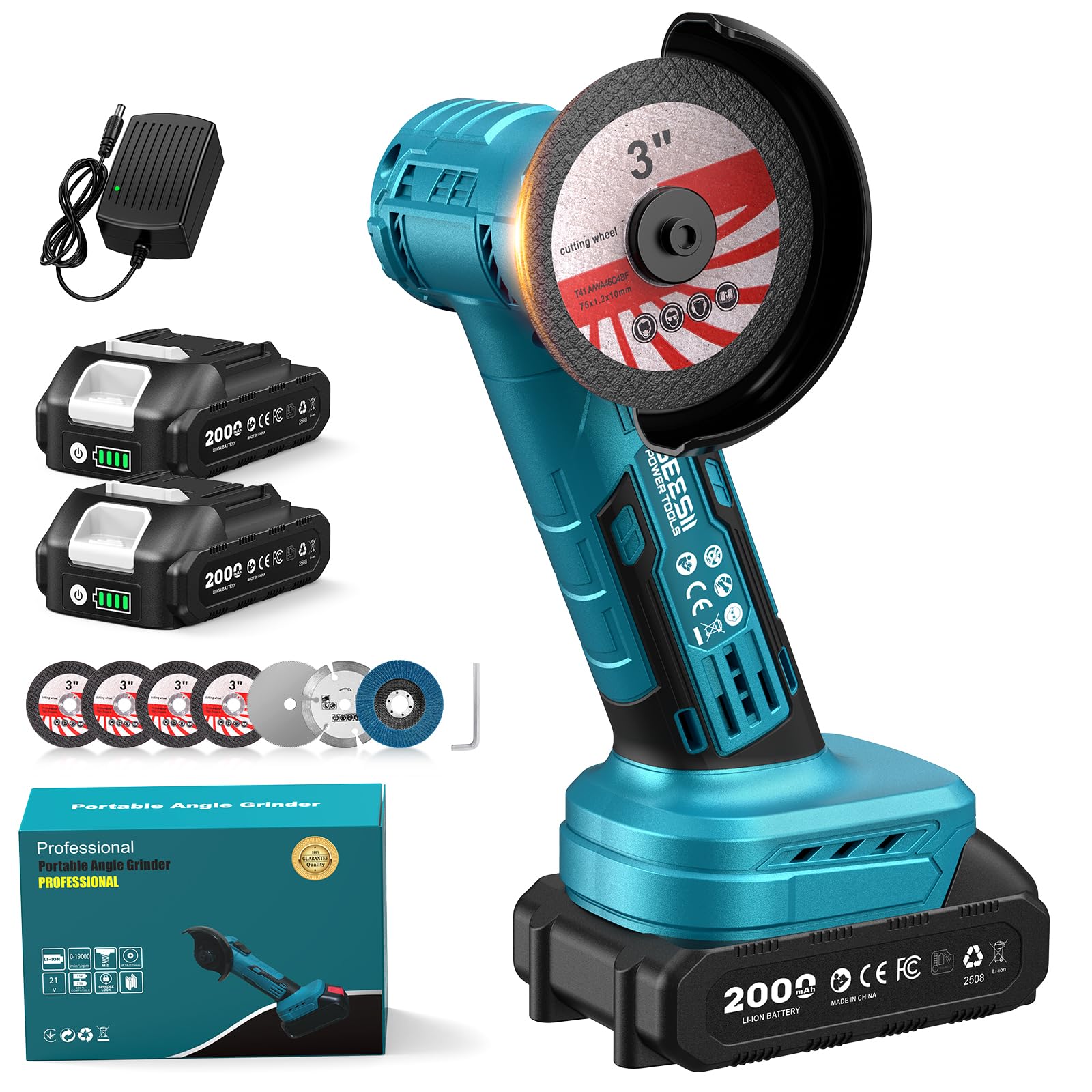 SEESII Cordless Mini Angle Grinder: 3-Inch Brushless Angle Grinder 19000 RPM with 2pcs 21V 2.0Ah Batteries, 7pcs Cutting Discs, 210W Power Electric Grinder Tool for Metal Wood Polishing Rust Removal