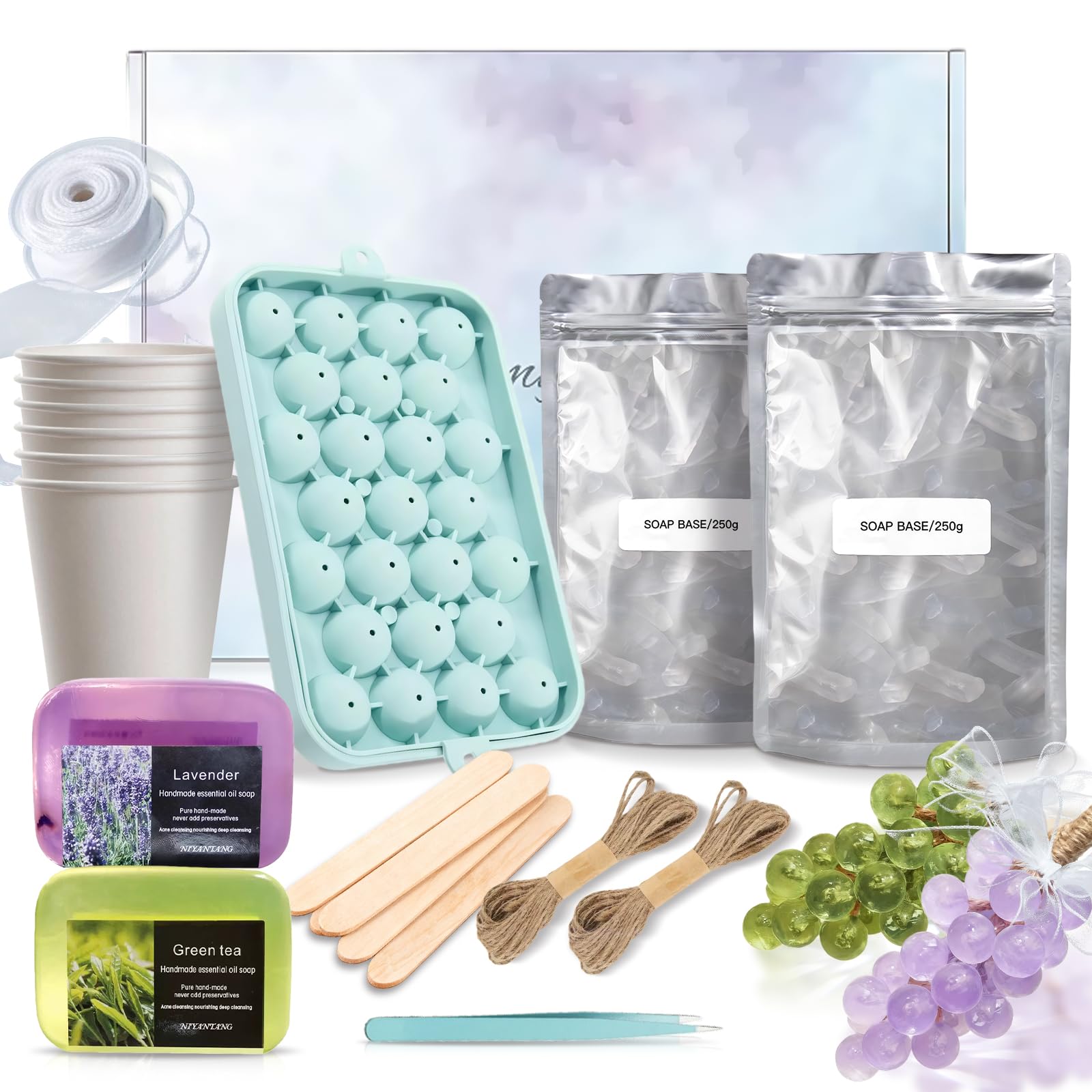 YUVFUDUOV Kit de fabrication de savon raisin à faire soi-même – Assez pour faire 2 bouquets complets, comprend un moule en silicone, une base de savon transparent de 500 g, 2 savons à l'huile