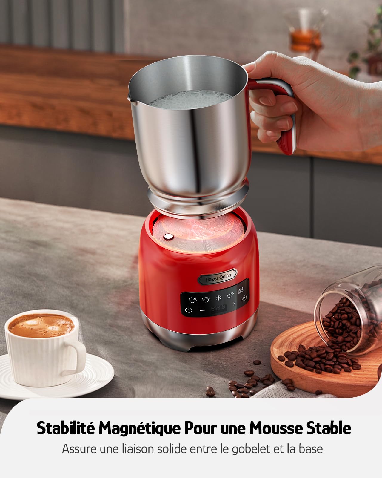 Hazel Quinn Mousseur à Lait Électrique en Acier Inoxydable, Multifonctionnel 5 en 1, Chauffe Lait Électrique, Machine à Chocolat Chaud, Contrôle Tactile LED, pour le Cappuccino, 400 ML, Rouge Rubis
