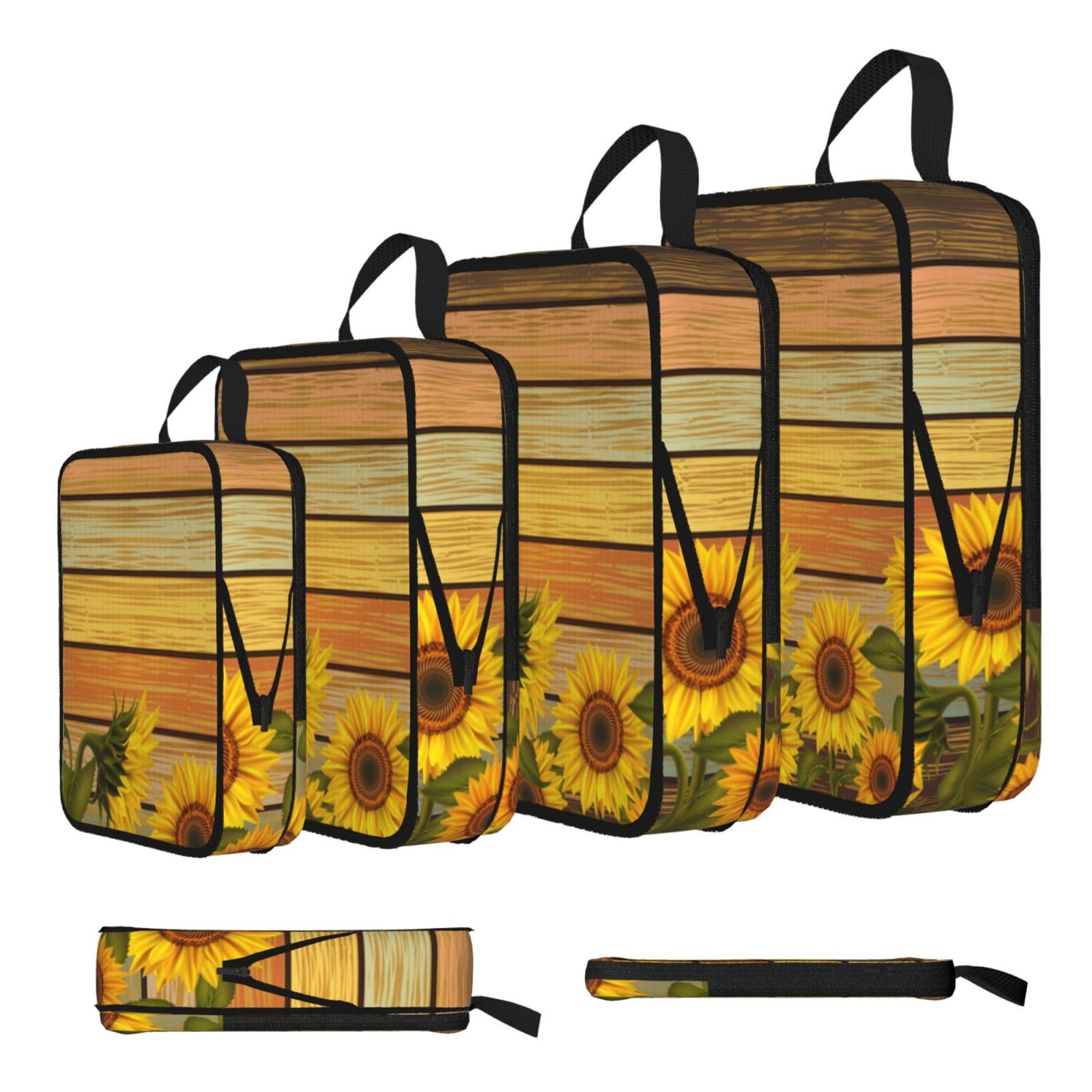 Esnaiuvcd Black Sunflower On Wood Print 4 Set Compression Packing Cubes For Suitcases,Expandable Storage Bags Organizers