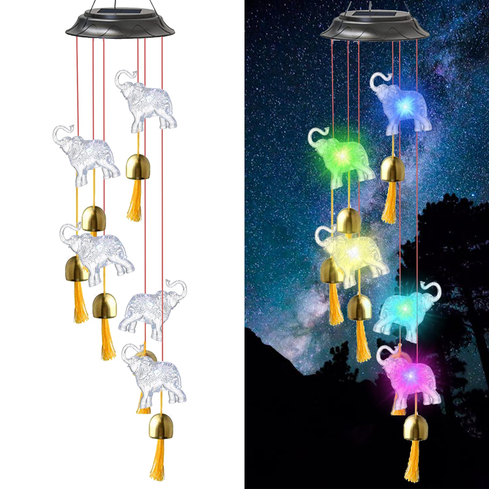 Solar Elephant Wind Chimes, Waterproof LED Garden Decor for Patio, Yard, Indoor Home Decoration - Outdoor Solar Powered