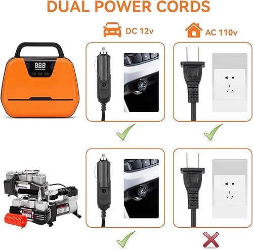 Miniatura 2 de Compresor de Aire Portátil Inflador de Neumáticos, Bomba de Aire para Coche 12V DC/110V AC, 150PSI con Apagado Automático y Manómetro Digital, Luz