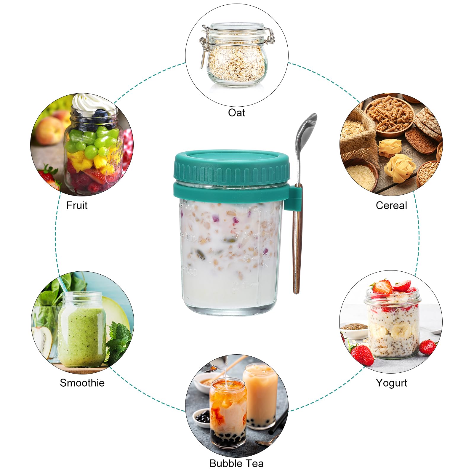 QUARKZMAN Übernacht Haferflocken Behälter mit Deckel 8stk - 10 Oz Übernacht Haferflocken Gläser mit Löffeln und Maß Markierungen Mason Glas Gläser für Milch Müsli (Cyan)