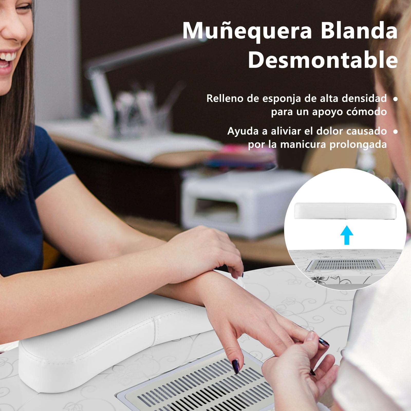 GOPLUS Mesa de Manicura Portátil con Colector de Polvo Eléctrico, Mesa de Manicura Plegable con 4 Ruedas Bloqueables, 3 Bolsas de Polvo, Lámpara LED Ajustable, Bolsa de Transporte, para Spa (Blanco)