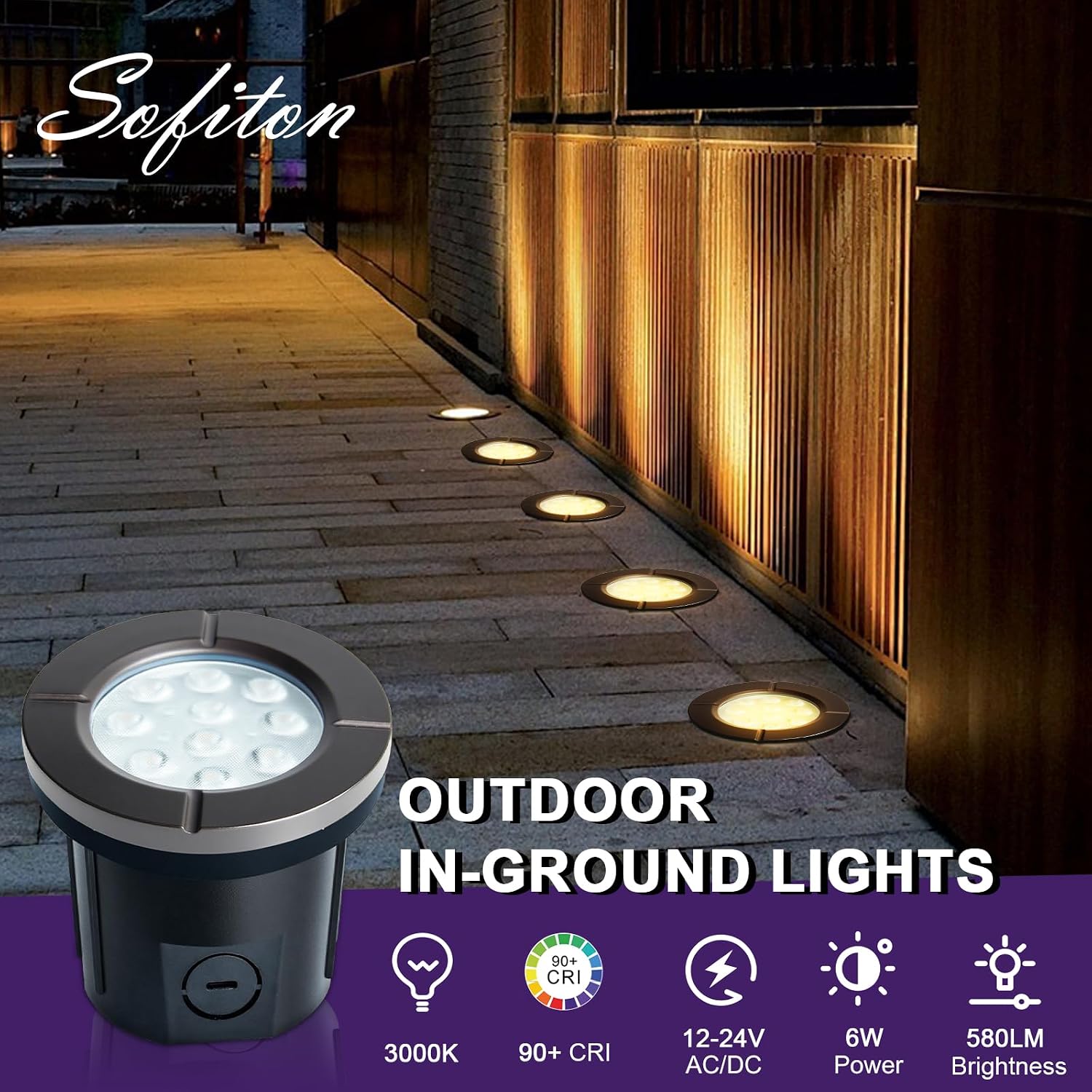 LED Well Lights, 6W 580LM, Warm White (3000K), 12-24V Outdoor In-ground Lights with Wire Connectors, IP65 Waterproof Low Voltage Lighting for Pathway Driveway Deck, ETL Certified, 4-Pack