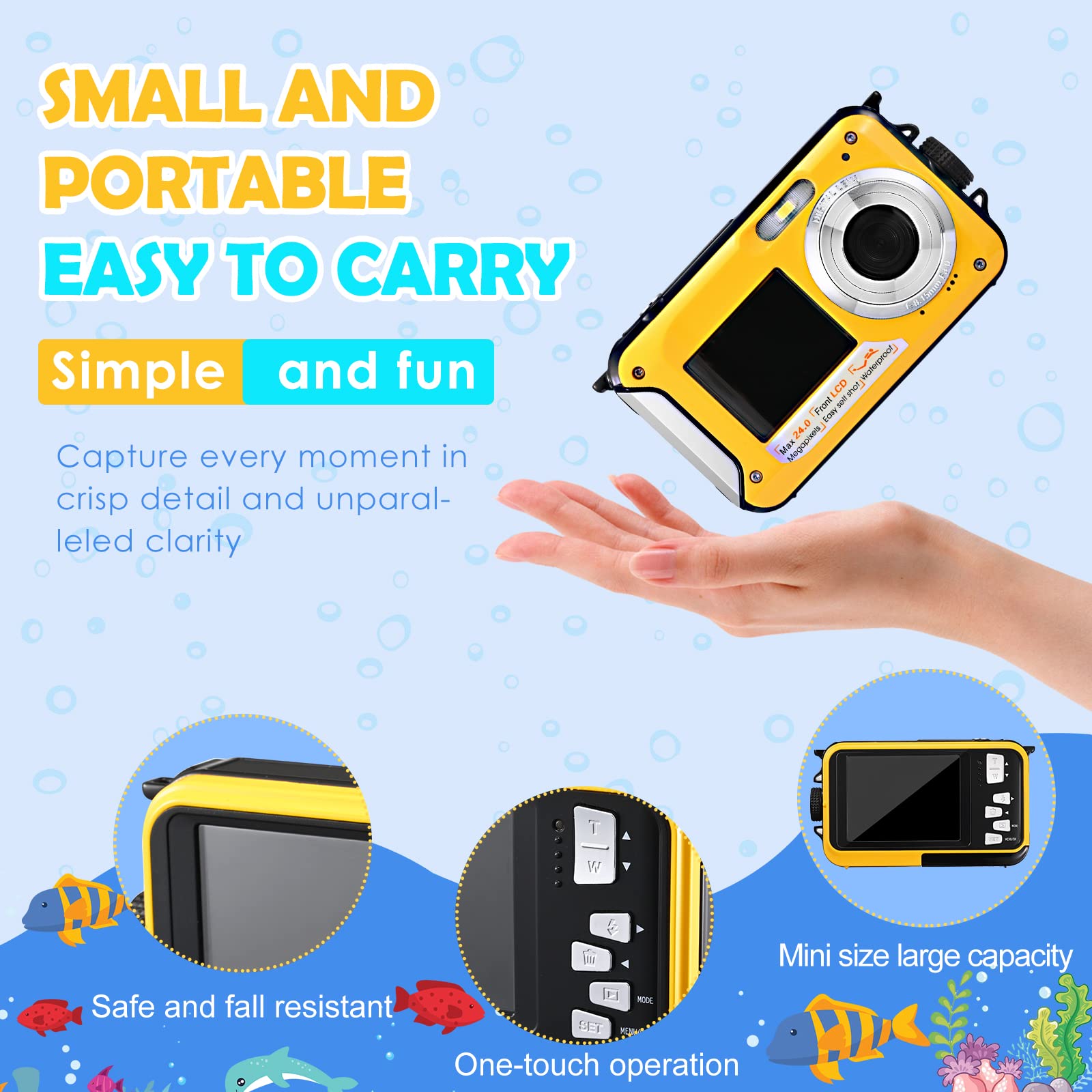 Appareil Photo Etanche Numérique,Full HD 2.7K 24MP Caméra sous-Marine Zoom Digital 16x Camera Etanche avec Double écran Caméra pour Adolescents Élèves Débutants Jaune