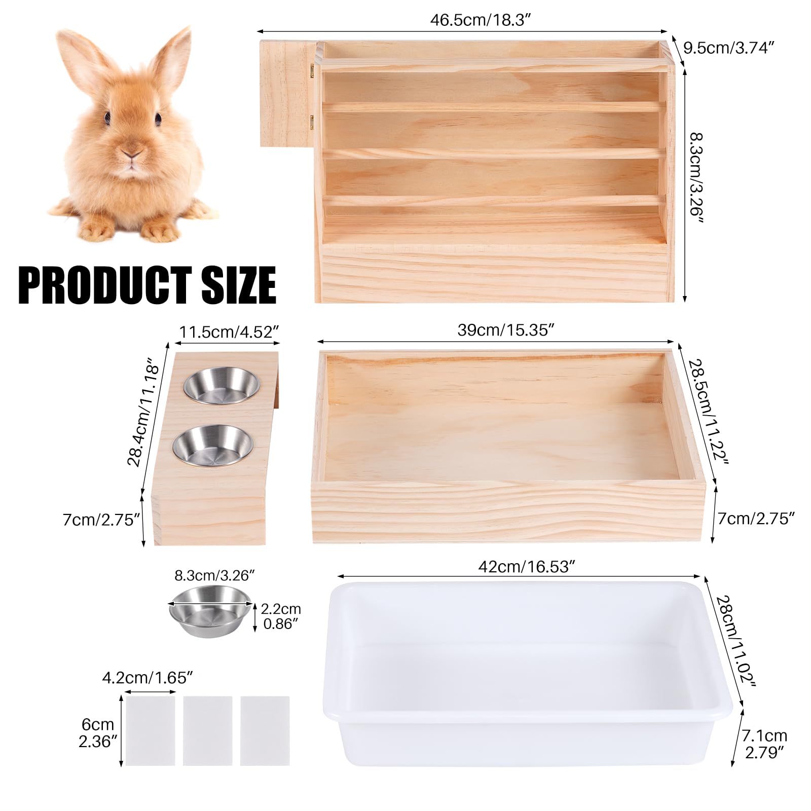 4 in 1 Großer Kaninchen Heu Feeder mit Katzentoilette Holz Futterautomat aus Holz mit 2 Näpfen Hase Toilette für Kaninchen Meerschweinchen Chinchilla Hase Andere Kleintiere