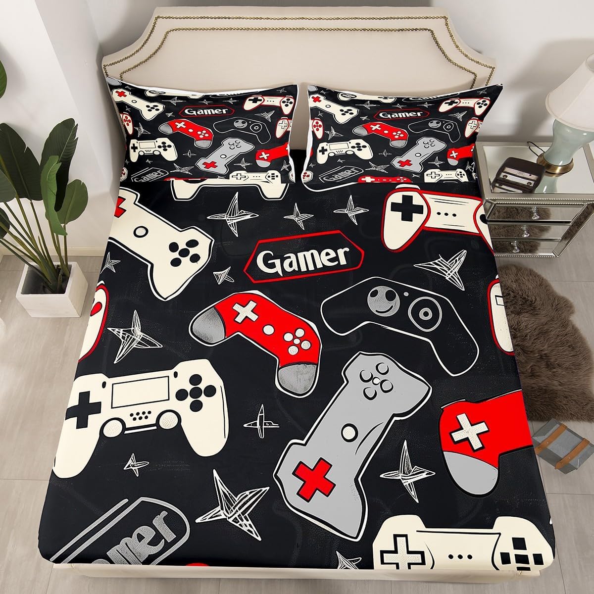 Kids Gamer Bedding Set Full Size,Gaming Top Flat Sheet Boys Teens Adults Room Decor,Video Games Controller Colorful Buttons Deep Pocket Sheet 4Pcs,Hand Drawn Stars Gamepad Bed Sheet Set,2 Pillowcases image 4
