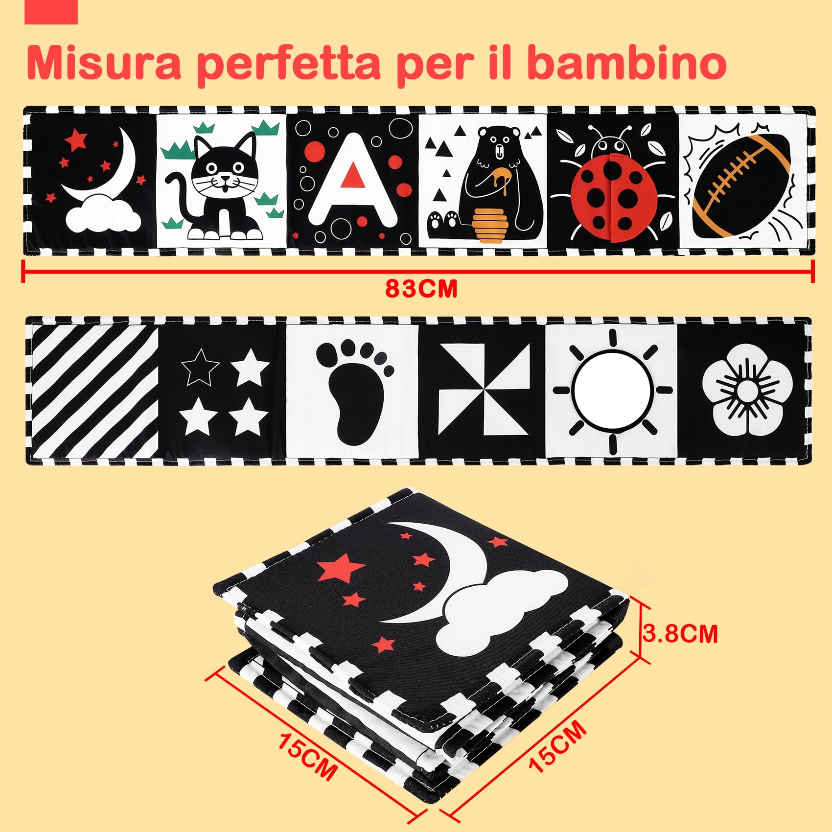 Libri Sensoriali Neonato con Specchio, Libro di Stoffa per Neonati,Giochi 0 3 6 12 Mesi,Tummy Time, Bianco e Nero 11 Motivi,Pieghevole Lavabile