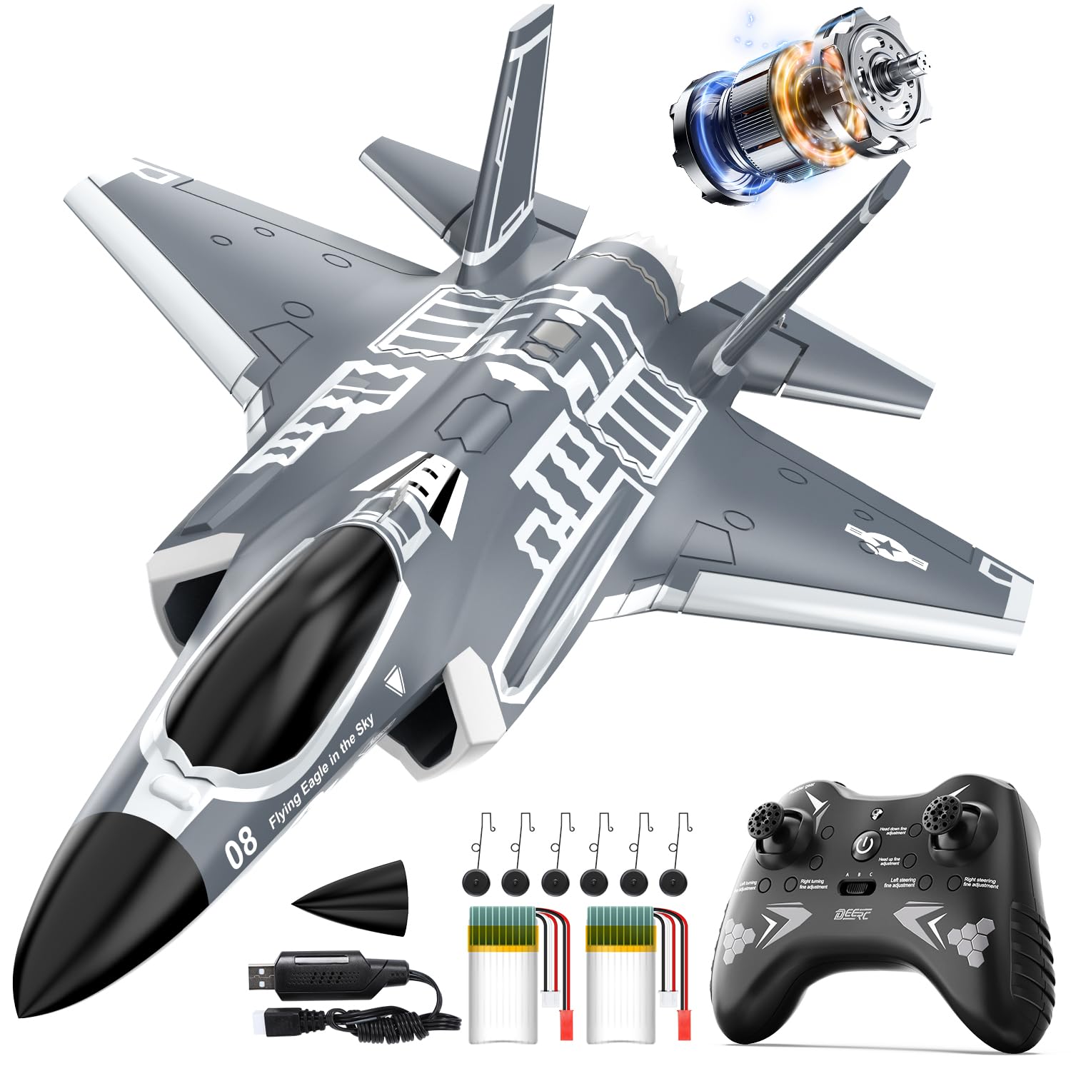 DEERC F35 Avion Teledirigido sin escobillas de 4 Canales Adulto, Avión RC de Control Remoto EDF, avión de Combate, estabilizador giroscópico de 6 Ejes de 2,4 GHz, Planeador EPP RTF, avión de Juguete