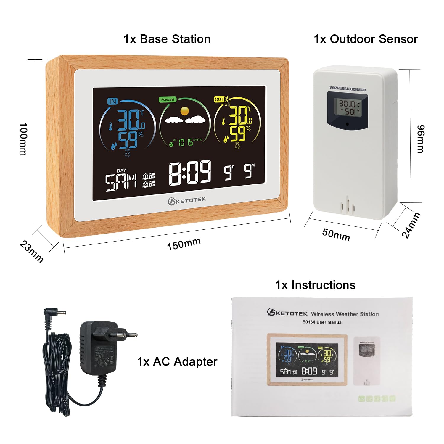 KETOTEK Wireless Weather Station package contents including main unit, outdoor sensor, AC adapter, and manual.