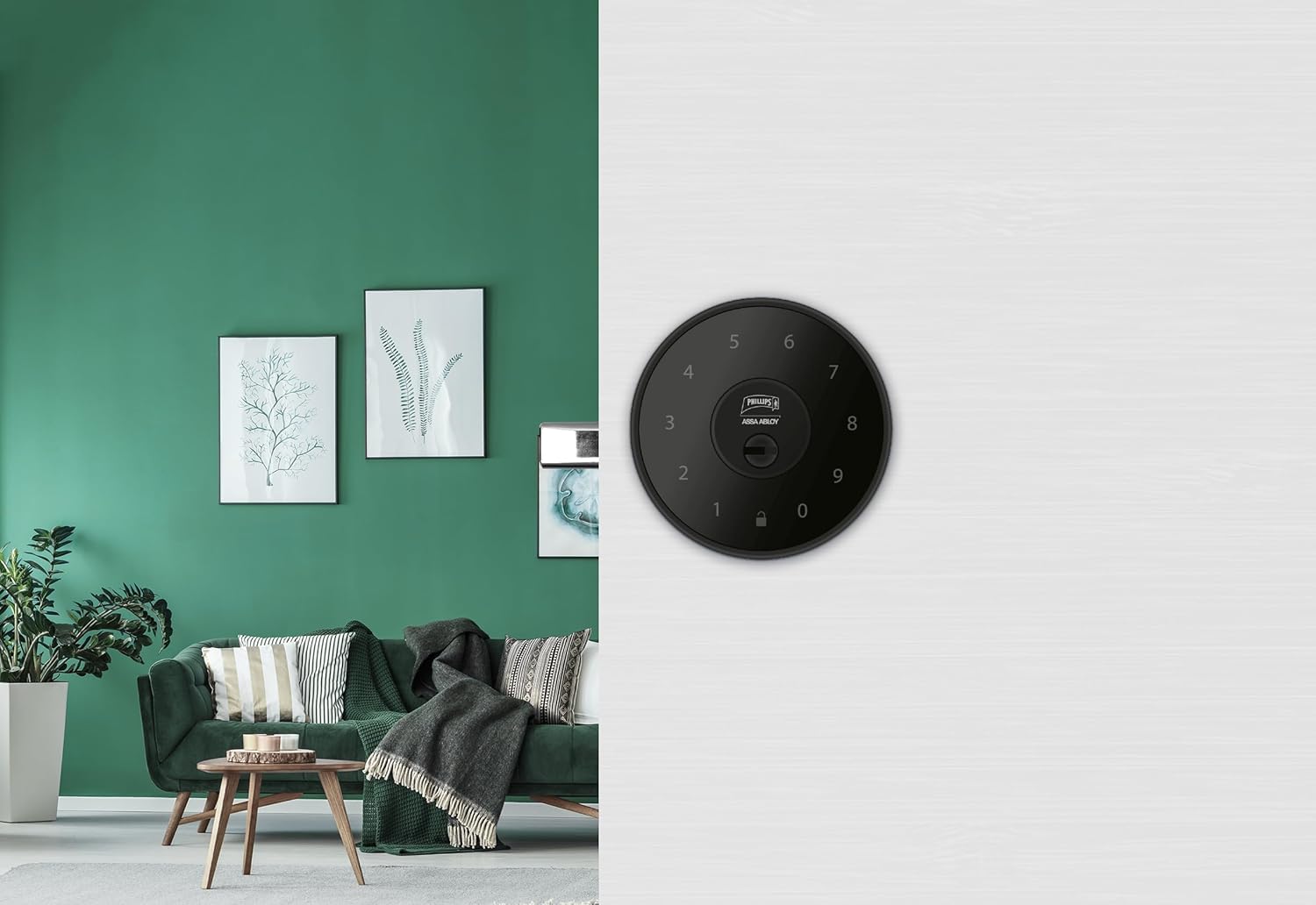 Phillips MX7053 Digital Deadbolt PCD-360 installed on a green door, showing the sleek black exterior keypad.