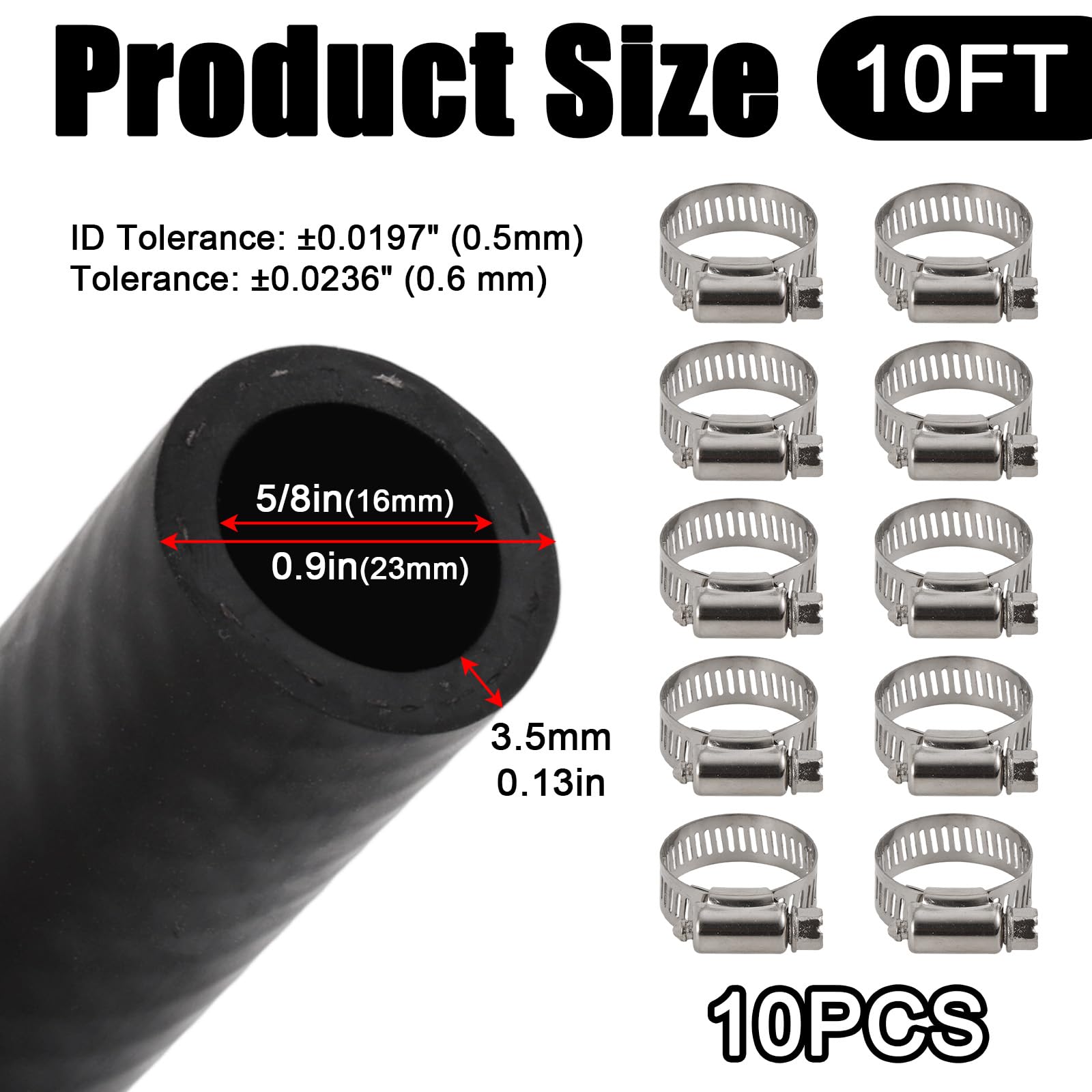 Tubo Flessibile per Riscaldamento da 3m 5/8", con 10 Fascette Stringitubo, In Gomma EPDM per Radiatori del Sistema di Raffreddamento Automobilistico e Serbatoio di Troppo Pieno 100 PSI
