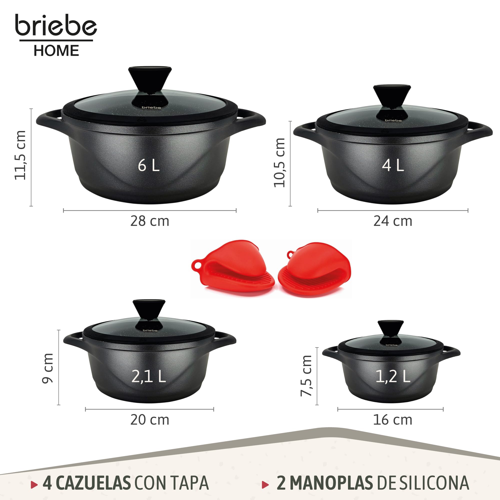 briebe Batería Cocina Inducción 8 Piezas, Juego 4 Ollas Aluminio Fundido, Antiadherente ILAG GRANITEC sin PFOA, Set Cazuelas Tapas Cristal, Guantes Silicona, Vitrocerámica, Gas, Horno.