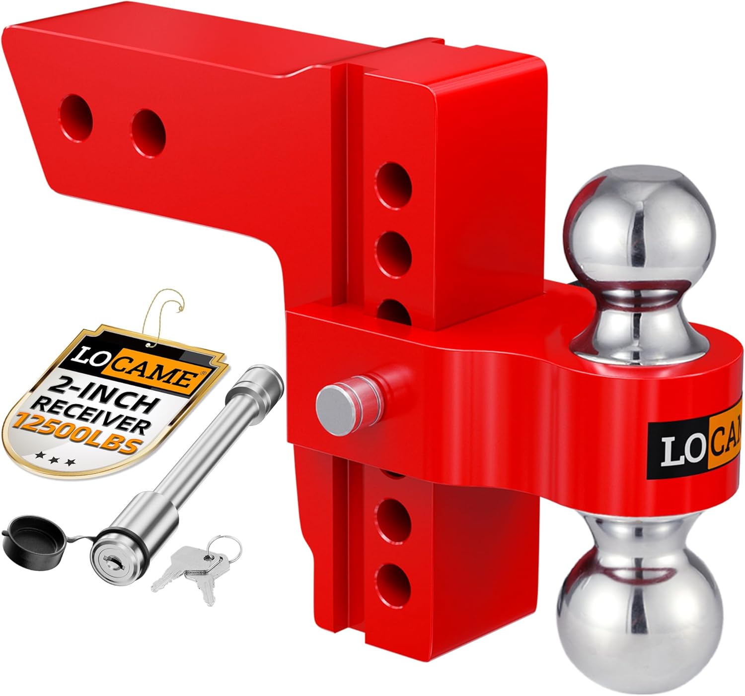 LOCAME Adjustable Trailer Hitch, Fits 2-Inch Receiver, 6-Inch Drop Aluminum 1-7/8'' & 2'' Tow Ball Drop Hitch,12,500 LBS GTW-Tow Hitch for Heavy Duty Truck with Double Stainless Locks, Red, LC0046