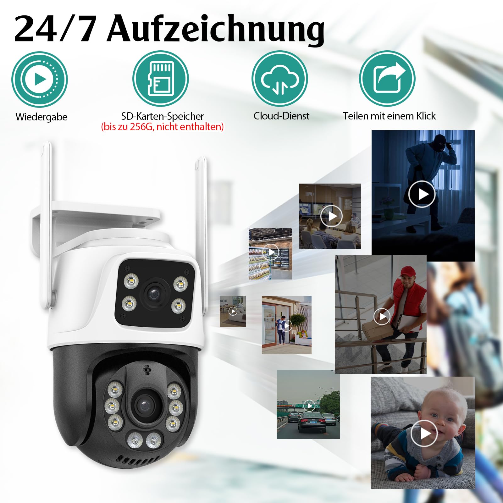 KERUI Zewnętrzna kamera monitoringowa WLAN z podwójnym obiektywem, kamera 6 MP PTZ IP monitoring wewnątrz z 2,4/5 GHz obracana o 360° kamera WiFi, 2-drożne audio, noktowizor, IP66, pamięć w chmurze 24