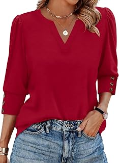 WIHOLL 3/4 Length Sleeve Womens Tops with Button Cuffs Dressy Casual V Neck Summer Outfits Early Fall Fashion Spring Clothes