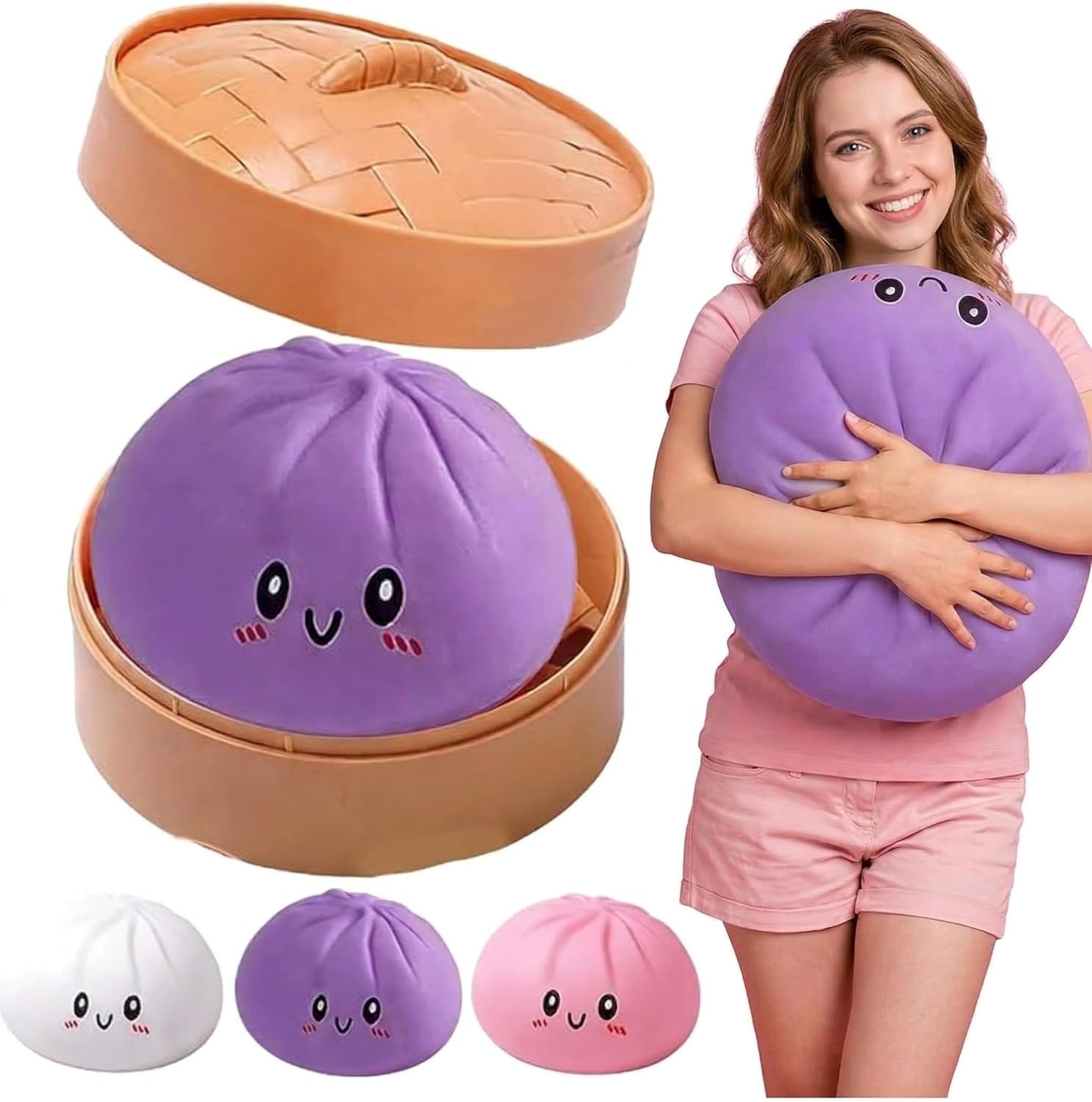 Giant Dumpling Squishy for Adults, 4/6/10 Inch Jumbo Dumpling Stress Ball, Soft Squeeze Decompression Dough, Relaxing Fidget Toy, Adult Fidget Tool (Purple M: 15cm/6 Inch) (Purple（No Steamer）,10in)