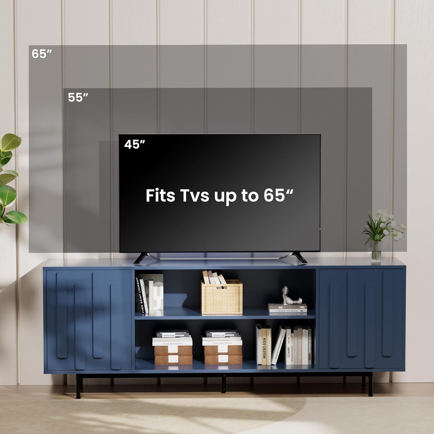 TV Stand for for Living Room, Mid-Century Modern TV Stands for 65" 60" 55" TVs, Fluted Entertainment Center with Storage Cabinet & Open Shelf, Wood TV Media Console Table, Blue