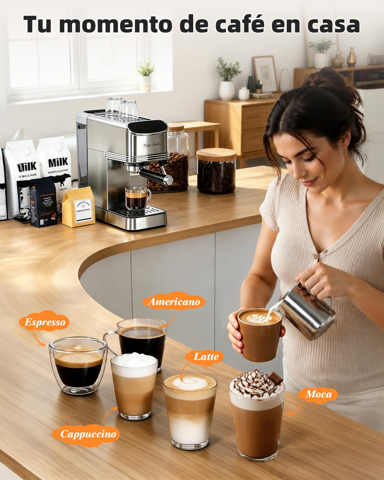 Taylor Swoden Cafetera Espresso 20 Bares, 1450w para Café y Cápsulas, Inox | Función Memoria, LED Touch Pantalla, Agua Caliente, Autolimpieza y Diseño Compacto, Depósito de 1.3 L, Cafetera Capsulas